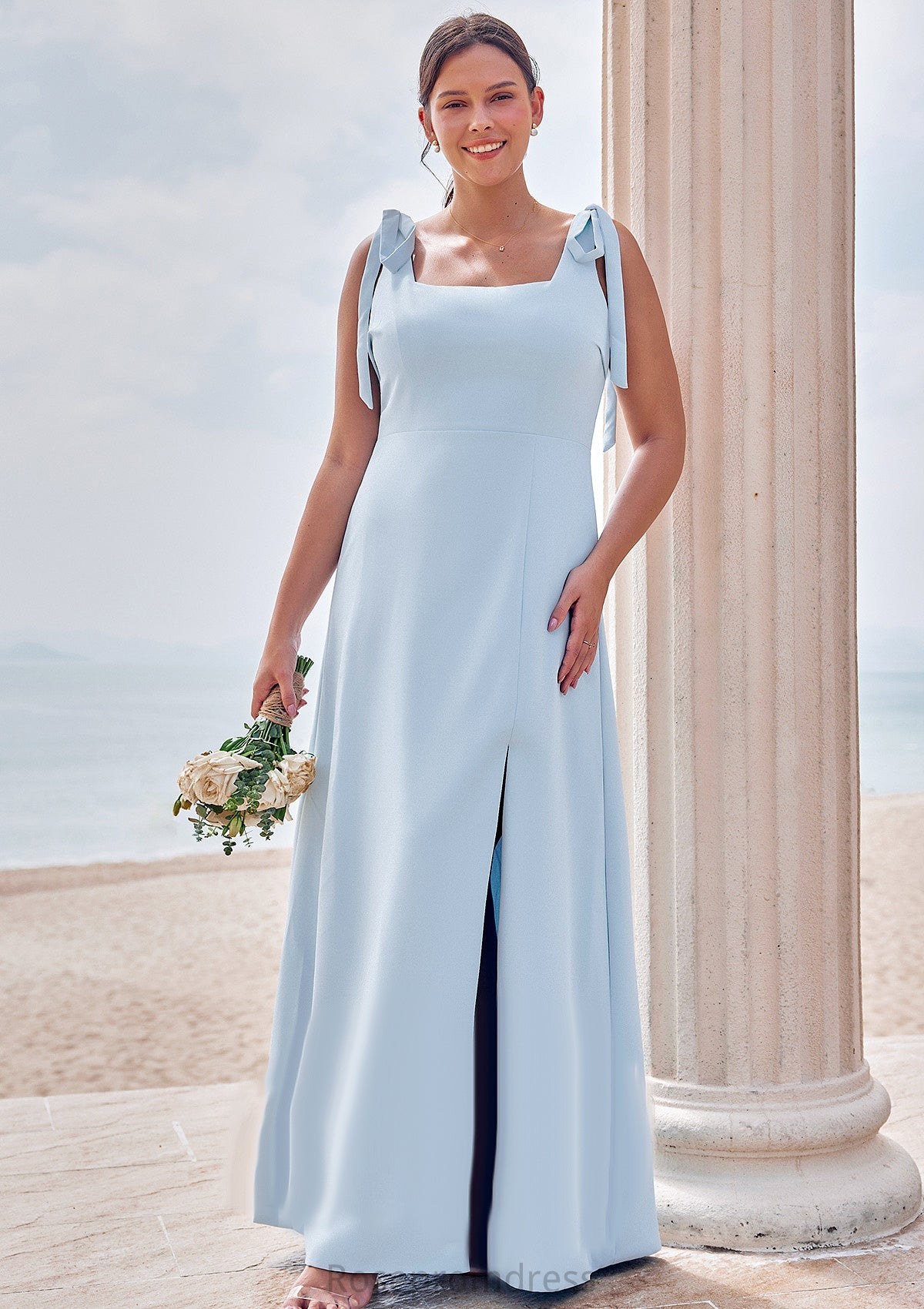 A-line Square Neckline Sleeveless Floor-Length Stretch Crepe Bridesmaid Dresses with Split India SRSP0025288