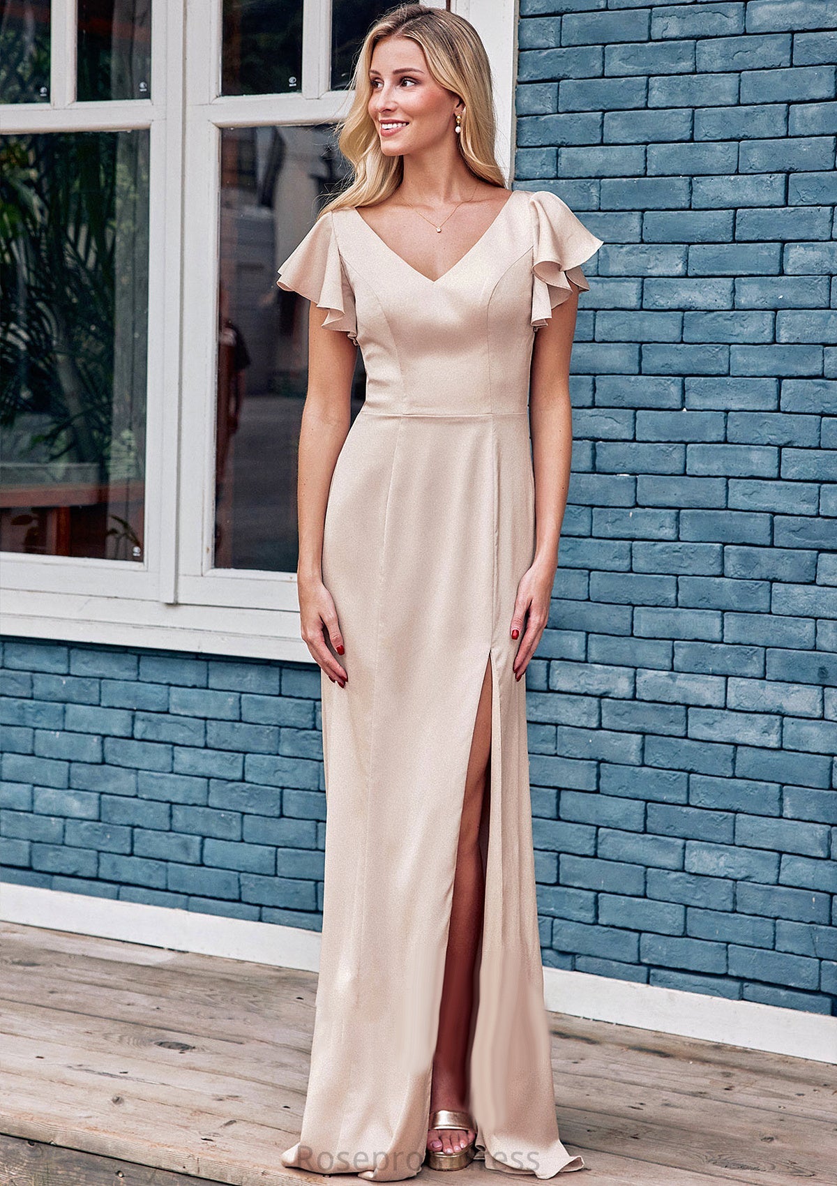 Sheath/Column V Neck Short Sleeve Floor-Length Stretch Satin Bridesmaid Dresses with Ruffles Split Vicky SRSP0025290