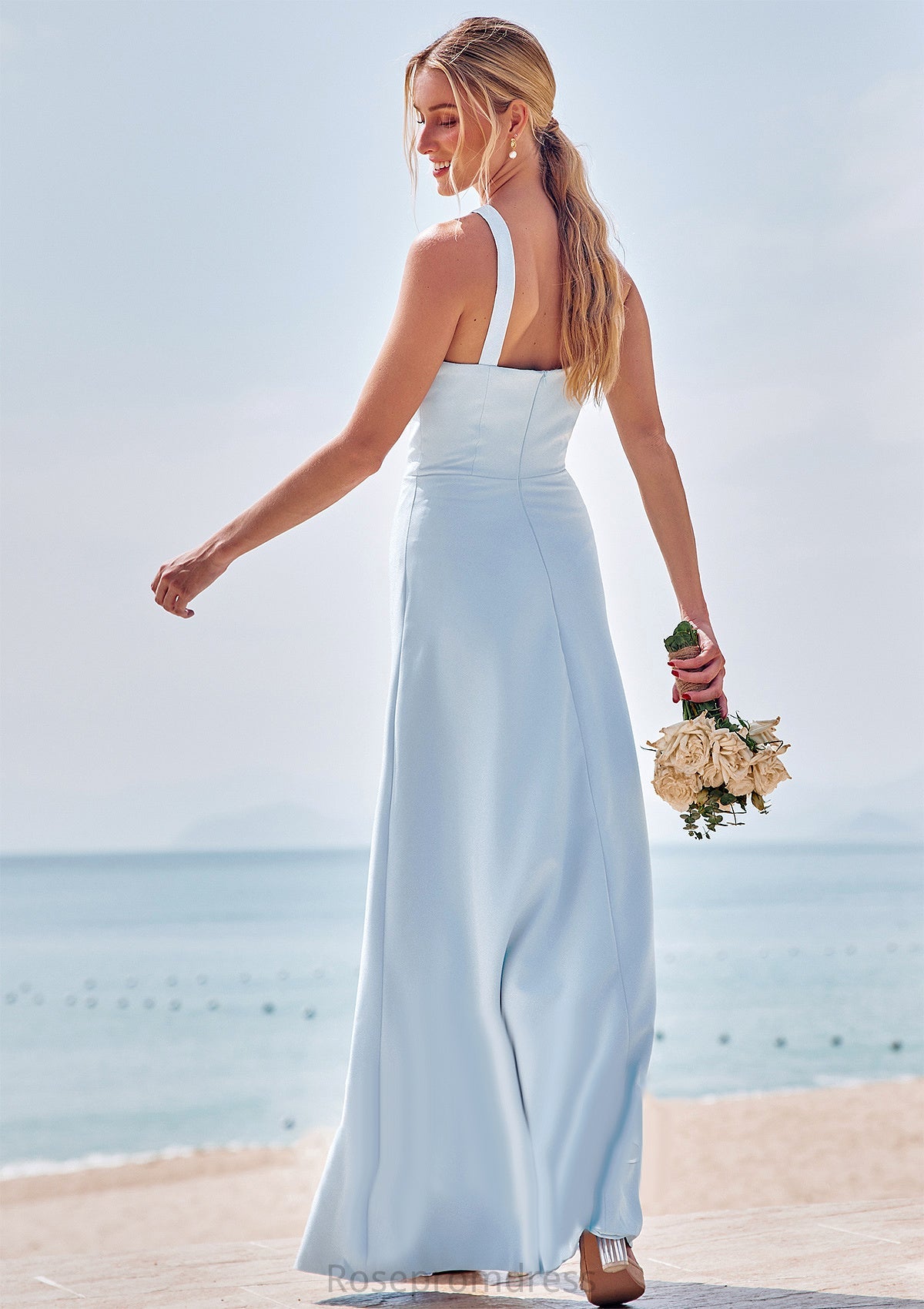 Sheath/Column Halter Sleeveless Floor-Length Stretch Crepe Bridesmaid Dresses with Split Damaris SRSP0025291