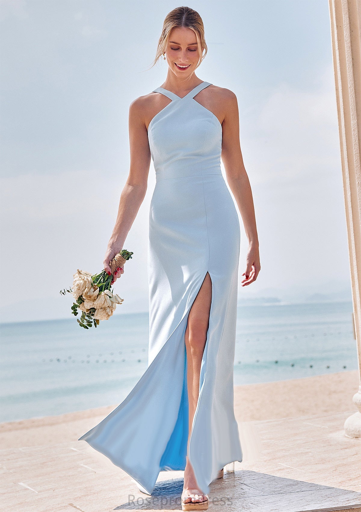 Sheath/Column Halter Sleeveless Floor-Length Stretch Crepe Bridesmaid Dresses with Split Damaris SRSP0025291