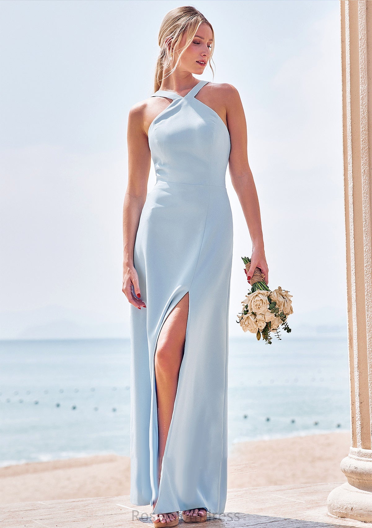 Sheath/Column Halter Sleeveless Floor-Length Stretch Crepe Bridesmaid Dresses with Split Damaris SRSP0025291