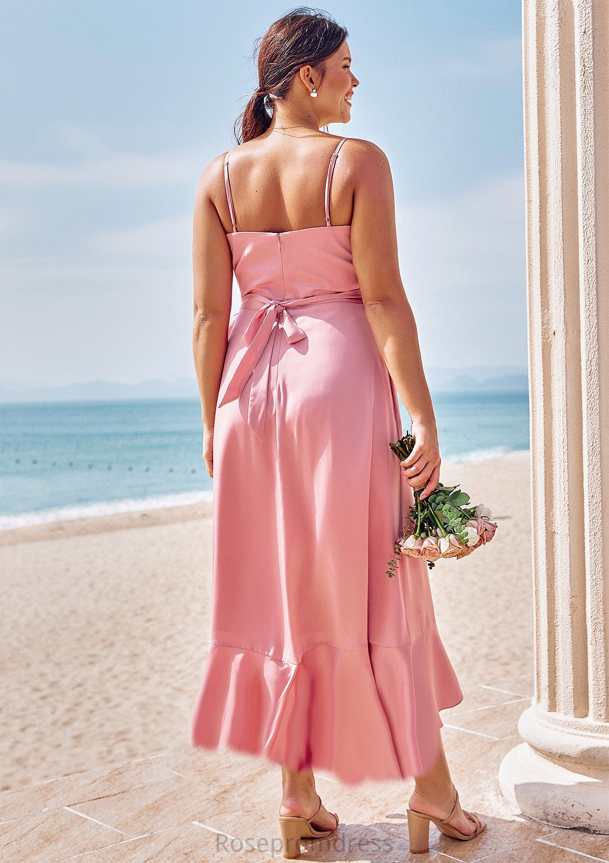 A-line V Neck Sleeveless Asymmetrical Stretch Satin Bridesmaid Dresses with Sashes Ruffles Aiyana SRSP0025292