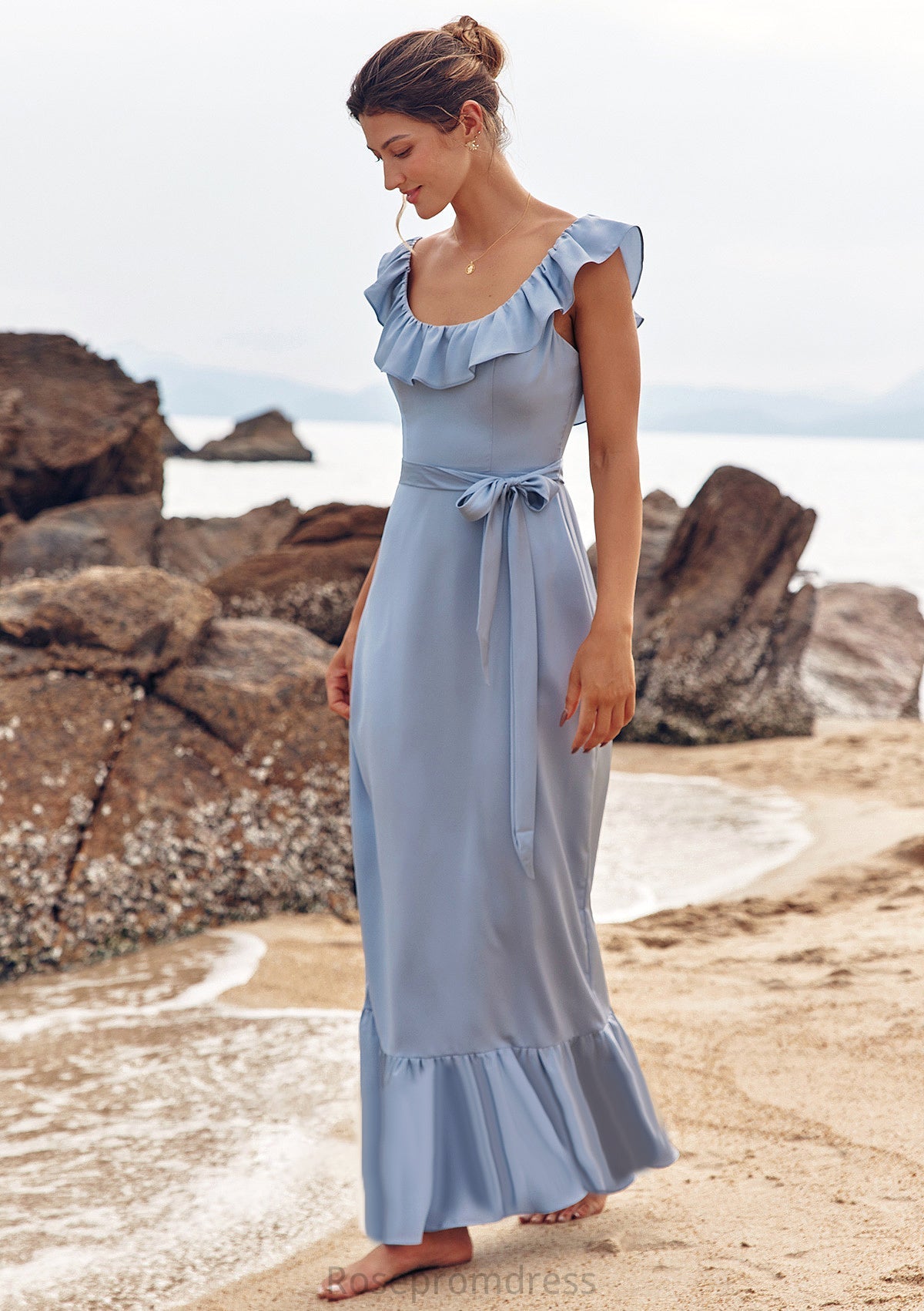 Sheath/Column Scoop Neck Sleeveless Floor-Length Stretch Satin Bridesmaid Dresses with Sashes Ruffles Katharine SRSP0025293