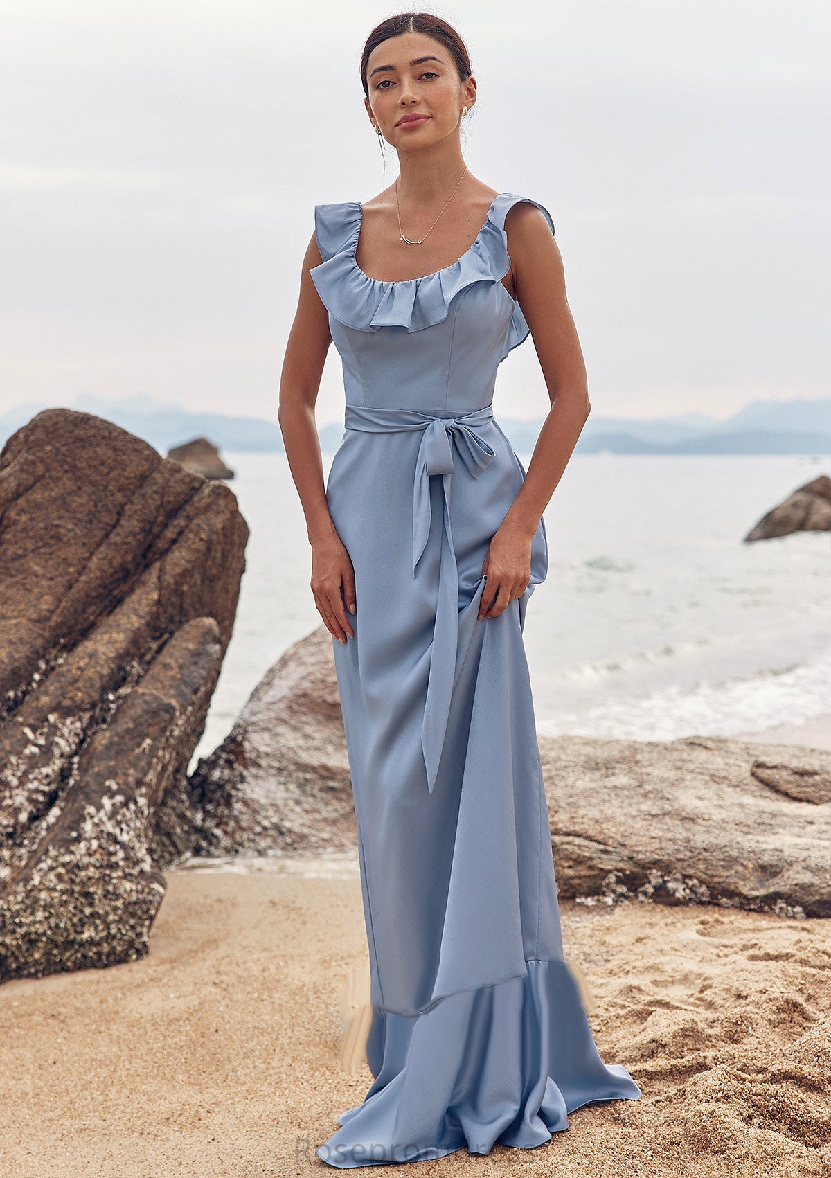 Sheath/Column Scoop Neck Sleeveless Floor-Length Stretch Satin Bridesmaid Dresses with Sashes Ruffles Katharine SRSP0025293