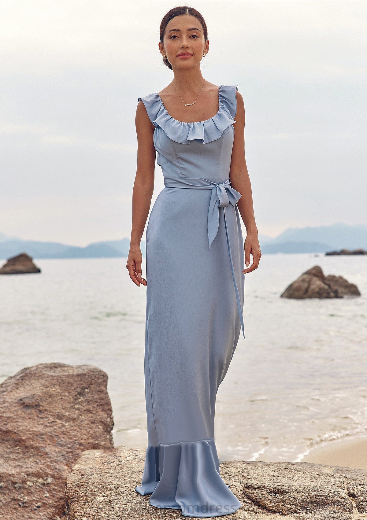 Sheath/Column Scoop Neck Sleeveless Floor-Length Stretch Satin Bridesmaid Dresses with Sashes Ruffles Katharine SRSP0025293