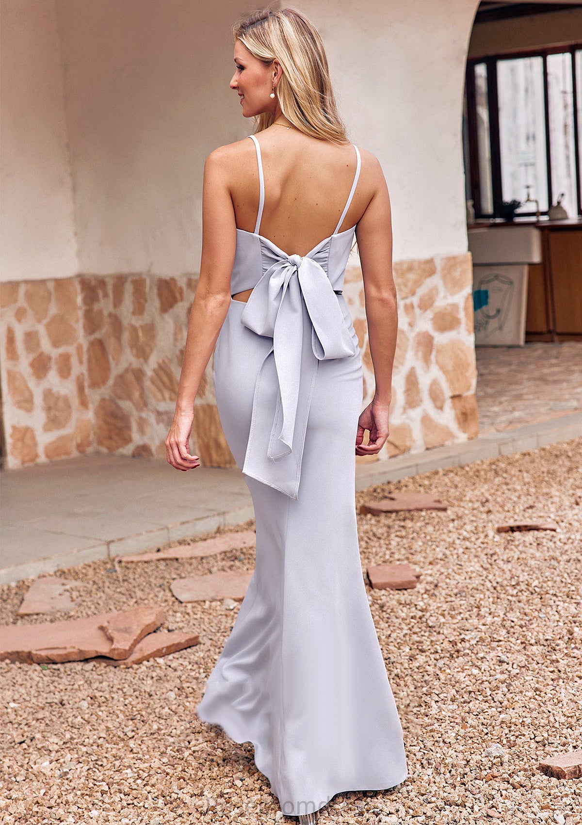 Trumpet/Mermaid Square Neckline Sleeveless Floor-Length Stretch Crepe Bridesmaid Dresses with Bowknot Split Isabelle SRSP0025300