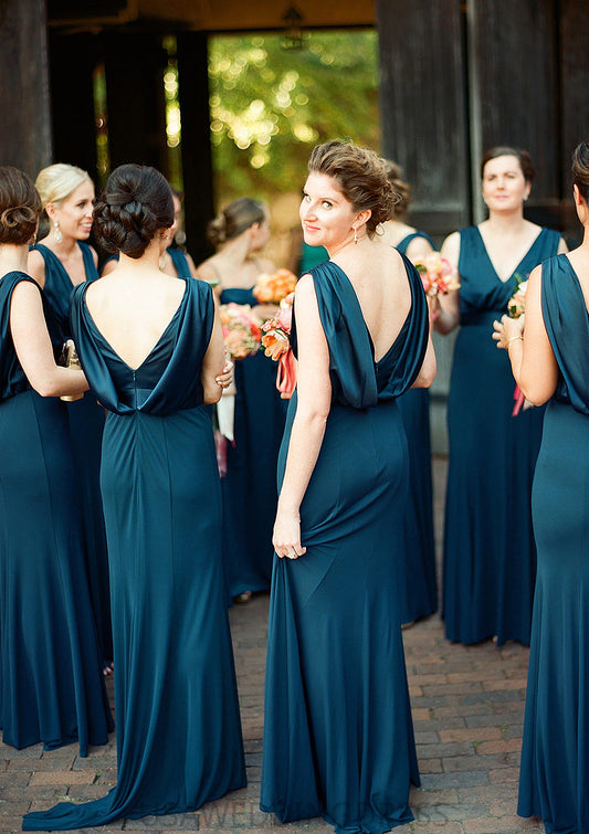 A-line V Neck Sleeveless Sweep Train Jersey Bridesmaid Dresses with Pleated Carolina DSP0025302