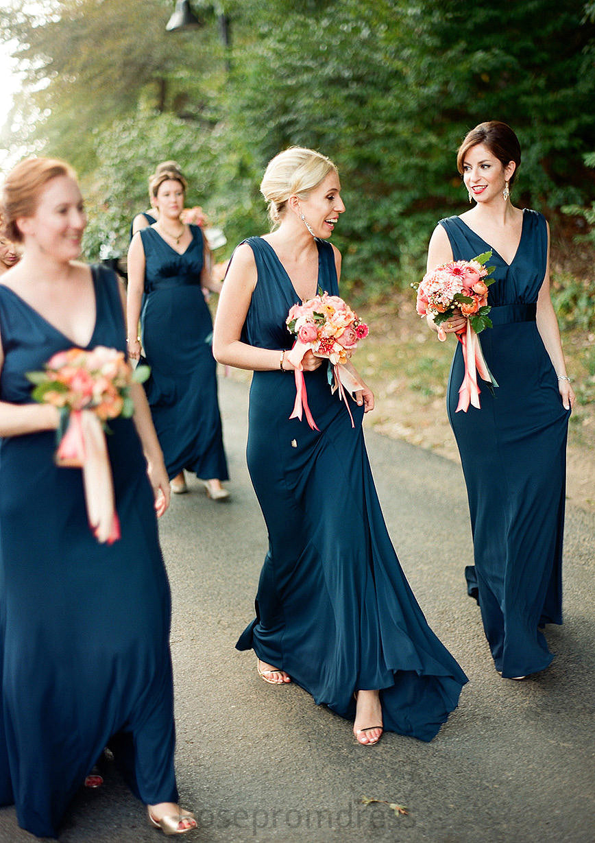 A-line V Neck Sleeveless Sweep Train Jersey Bridesmaid Dresses with Pleated Gisselle SRSP0025302