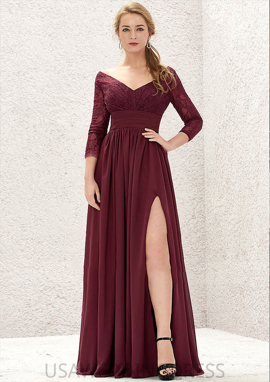 A-line V Neck Full/Long Sleeve Long/Floor-Length Chiffon Bridesmaid Dresses With Lace Split Pleated Katie DSP0025304