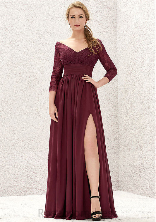 A-line V Neck Full/Long Sleeve Long/Floor-Length Chiffon Bridesmaid Dresses With Lace Split Pleated Amya SRSP0025304