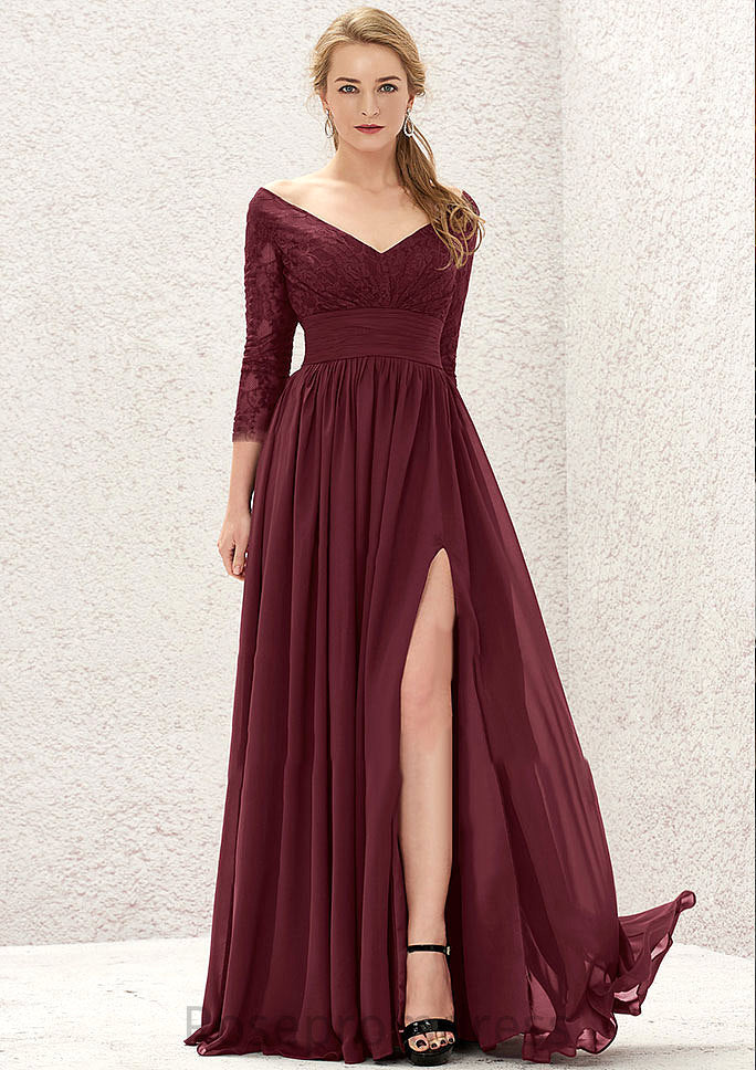 A-line V Neck Full/Long Sleeve Long/Floor-Length Chiffon Bridesmaid Dresses With Lace Split Pleated Amya SRSP0025304