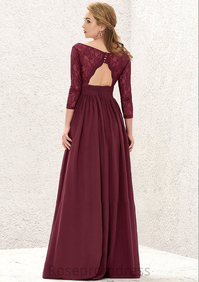 A-line V Neck Full/Long Sleeve Long/Floor-Length Chiffon Bridesmaid Dresses With Lace Split Pleated Amya SRSP0025304