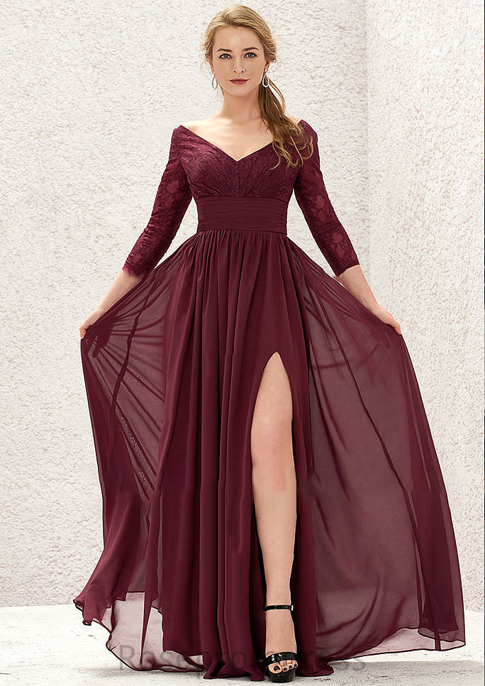 A-line V Neck Full/Long Sleeve Long/Floor-Length Chiffon Bridesmaid Dresses With Lace Split Pleated Amya SRSP0025304