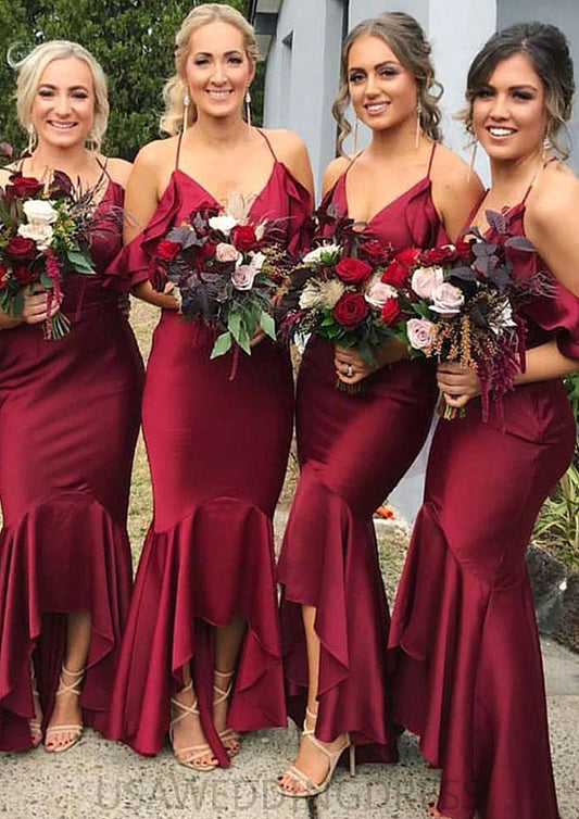 Sleeveless V Neck Asymmetrical Trumpet/Mermaid Charmeuse Bridesmaid Dresseses With Ruffles Sibyl DSP0025305