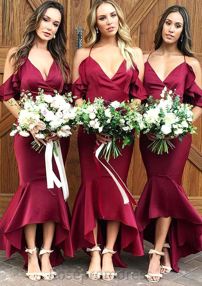 Sleeveless V Neck Asymmetrical Trumpet/Mermaid Charmeuse Bridesmaid Dresseses With Ruffles Quinn SRSP0025305