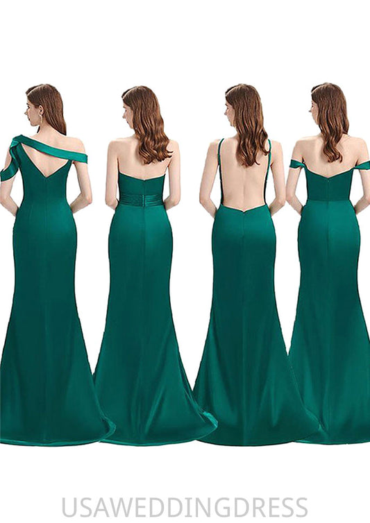 Trumpet/Mermaid Sleeveless Long/Floor-Length Silk like Satin Bridesmaid Dresses With Pleated Split Annika DSP0025306