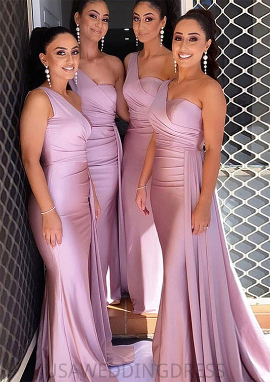 Trumpet/Mermaid One-Shoulder Sleeveless Sweep Train Jersey Bridesmaid Dresses With Pleated Side Draping Luz DSP0025308