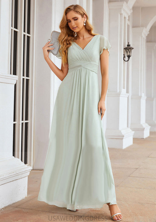 A-line V Neck Short Sleeve Long/Floor-Length Chiffon Bridesmaid Dresses With Pleated Cassie DSP0025309