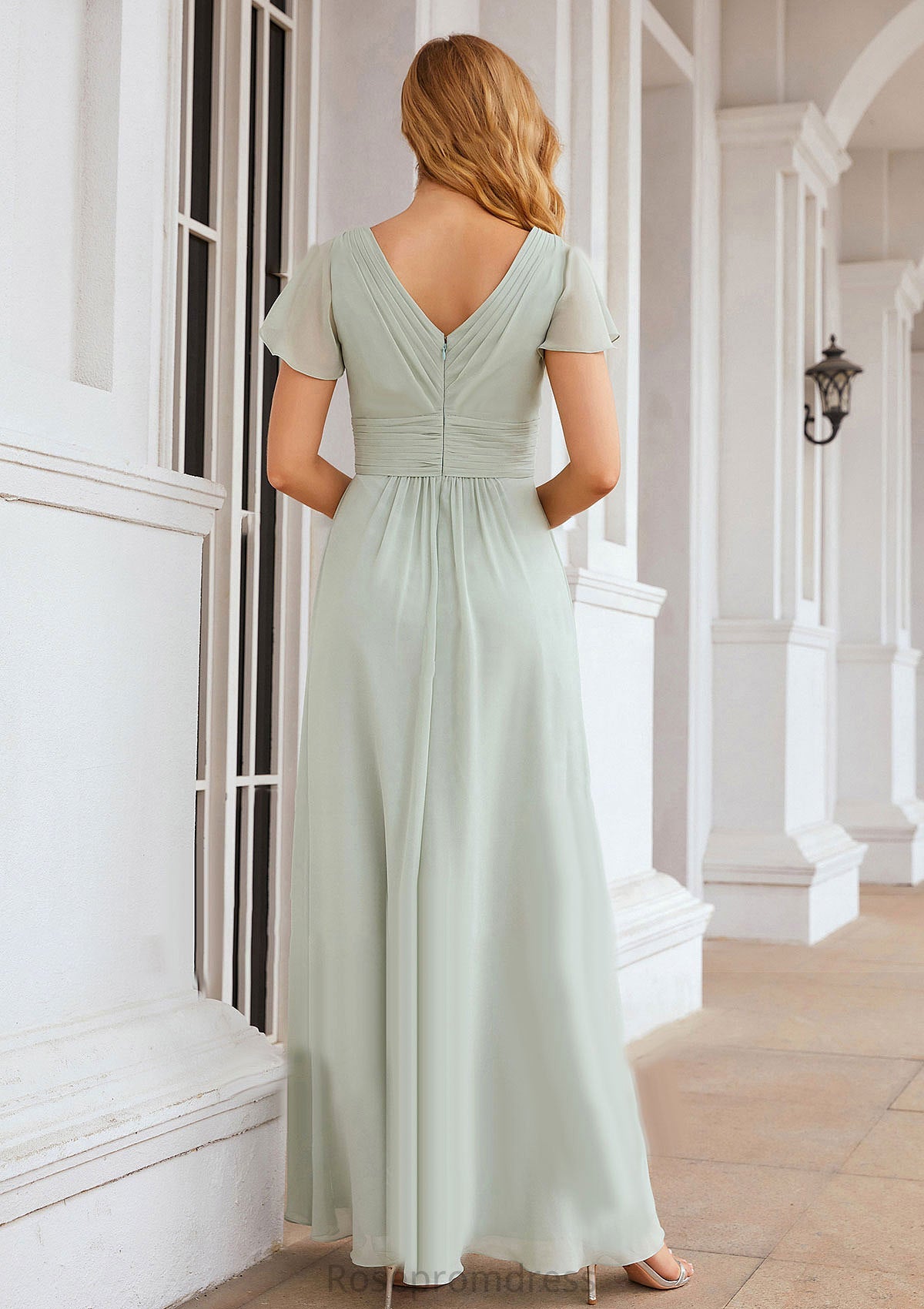 A-line V Neck Short Sleeve Long/Floor-Length Chiffon Bridesmaid Dresses With Pleated Elena SRSP0025309