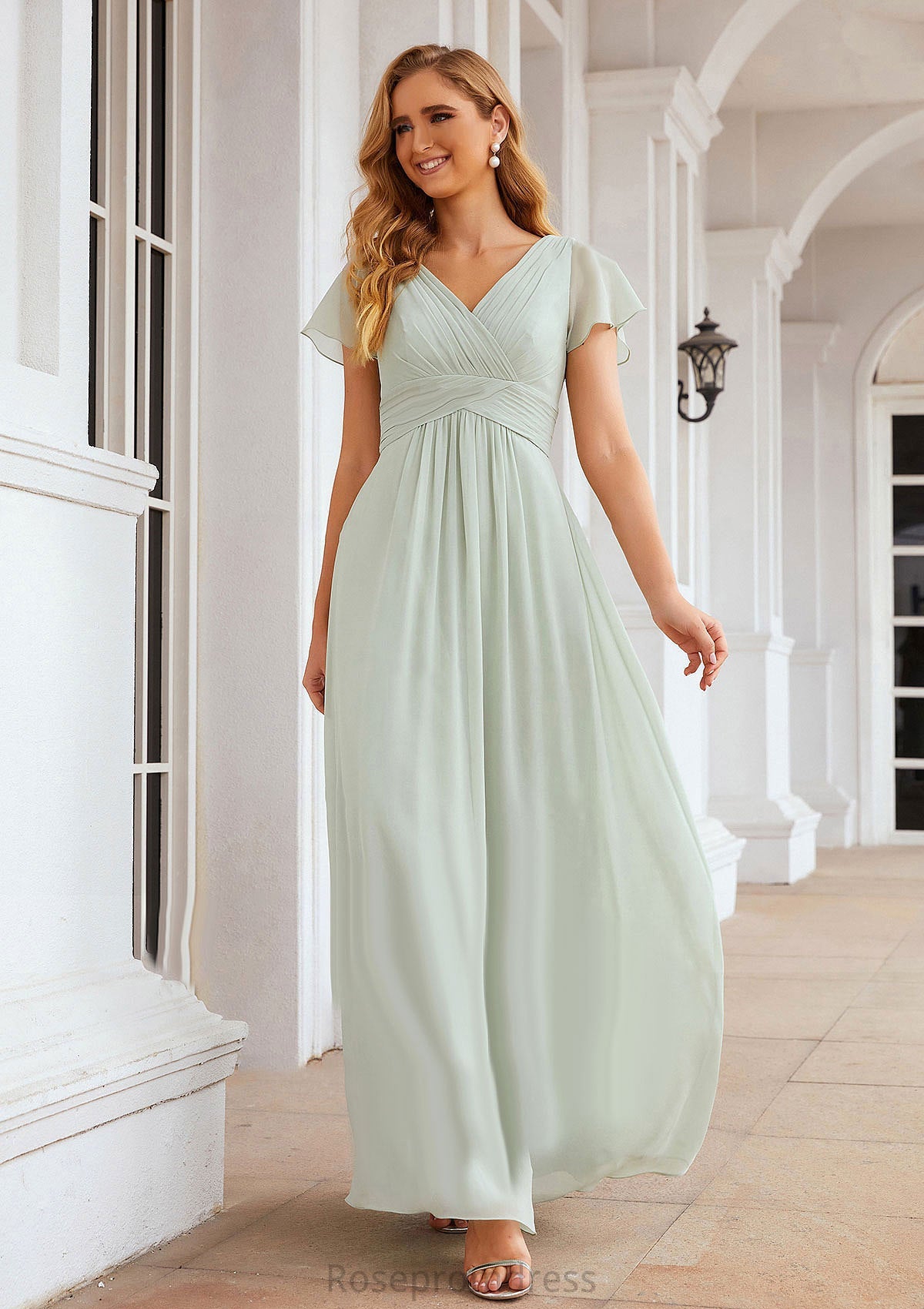 A-line V Neck Short Sleeve Long/Floor-Length Chiffon Bridesmaid Dresses With Pleated Elena SRSP0025309