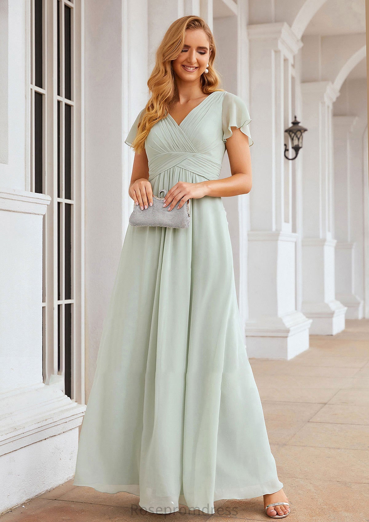 A-line V Neck Short Sleeve Long/Floor-Length Chiffon Bridesmaid Dresses With Pleated Elena SRSP0025309