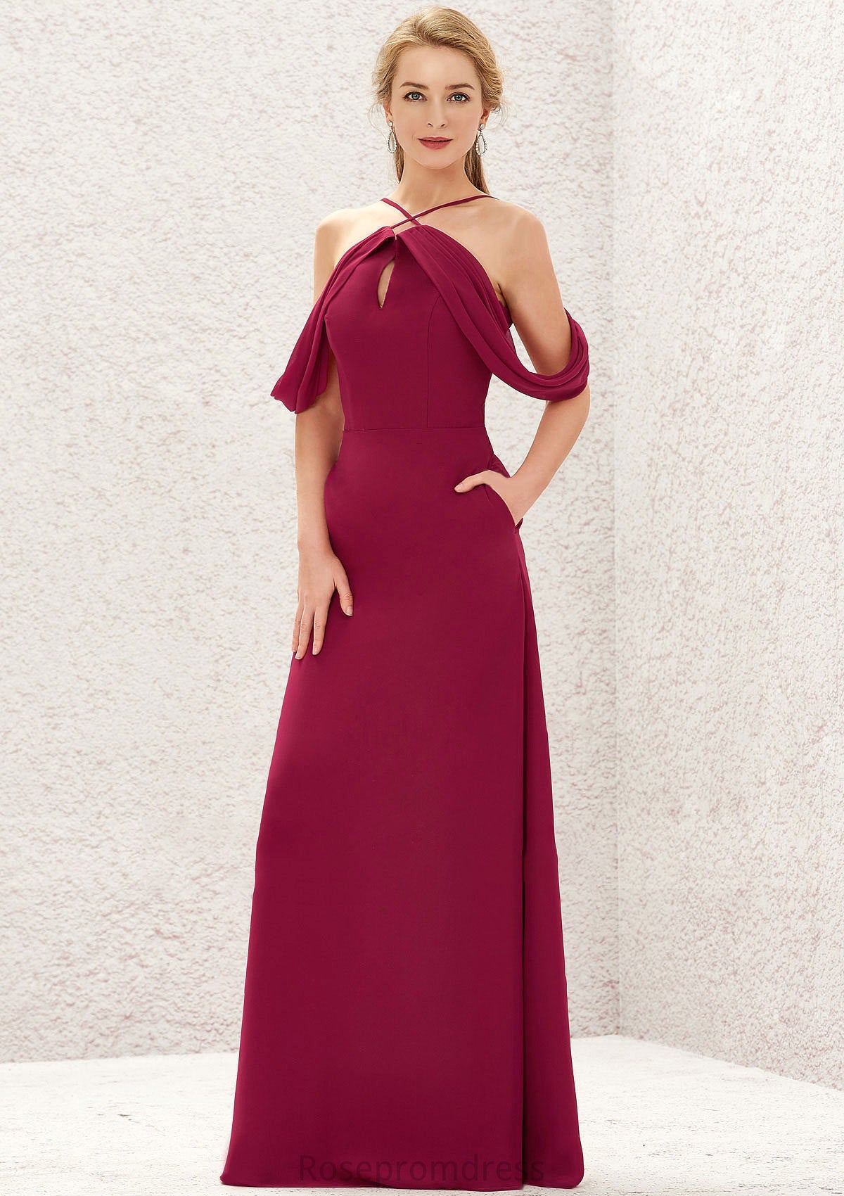 A-line Scalloped Neck Sleeveless Chiffon Long/Floor-Length Bridesmaid Dresses With Pockets Amaris SRSP0025310