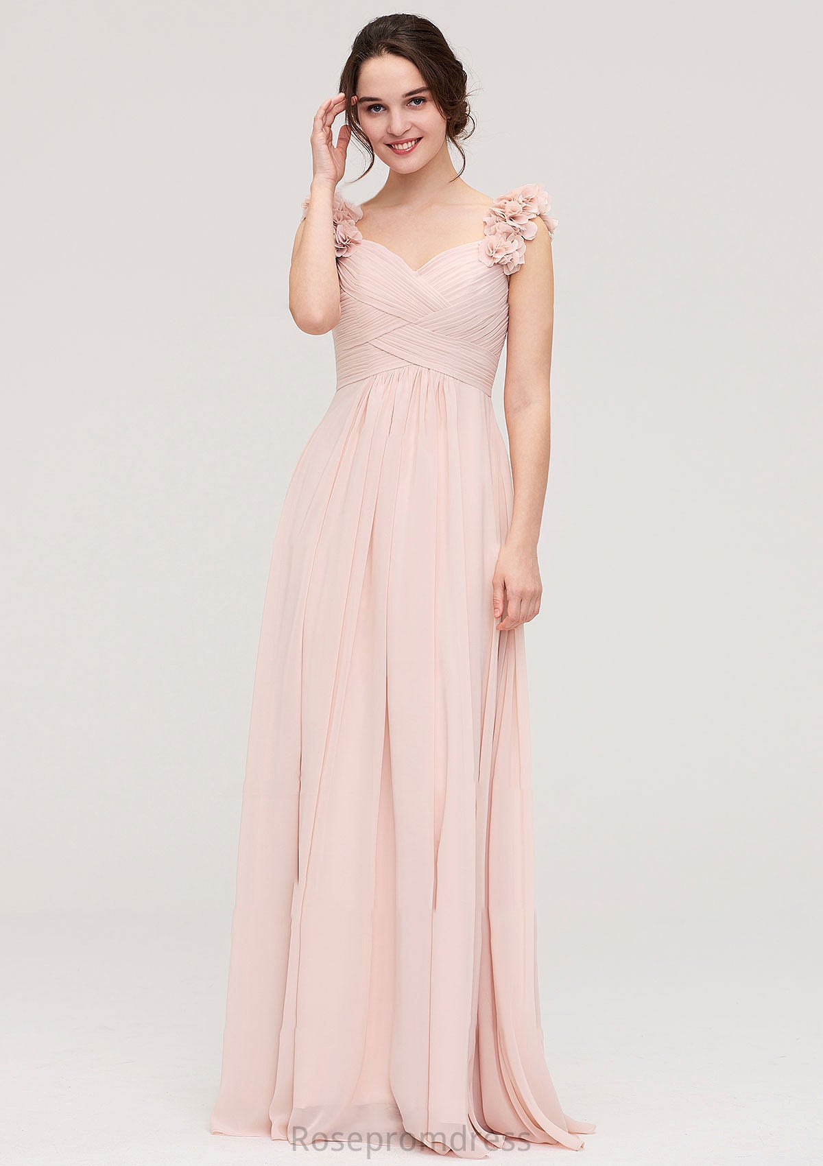 Sweetheart Sleeveless A-line/Princess Chiffon Long/Floor-Length Bridesmaid Dresses With Pleated Shoulder Flower Jazmyn SRSP0025315