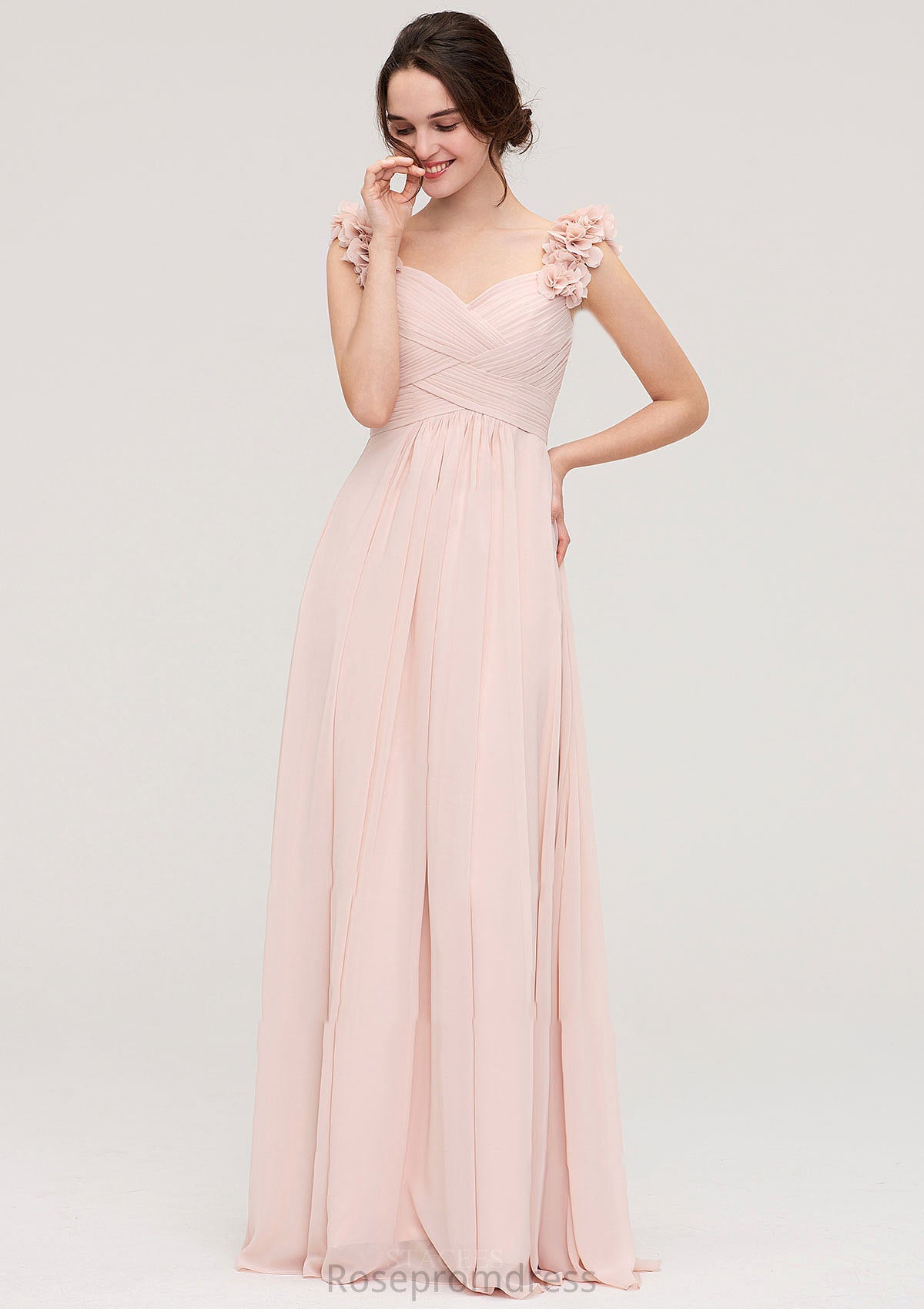 Sweetheart Sleeveless A-line/Princess Chiffon Long/Floor-Length Bridesmaid Dresses With Pleated Shoulder Flower Jazmyn SRSP0025315