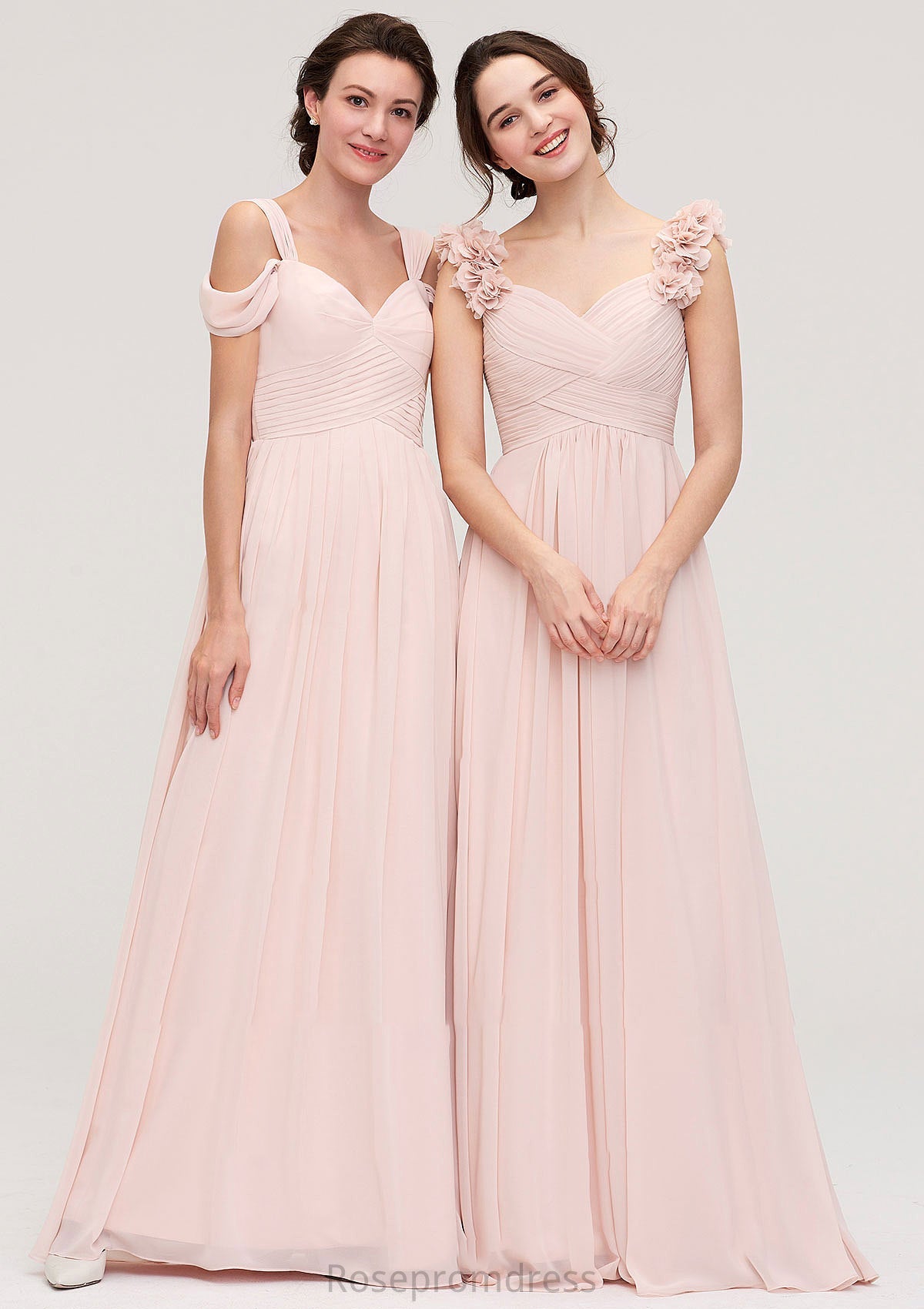 Sweetheart Sleeveless A-line/Princess Chiffon Long/Floor-Length Bridesmaid Dresses With Pleated Shoulder Flower Jazmyn SRSP0025315