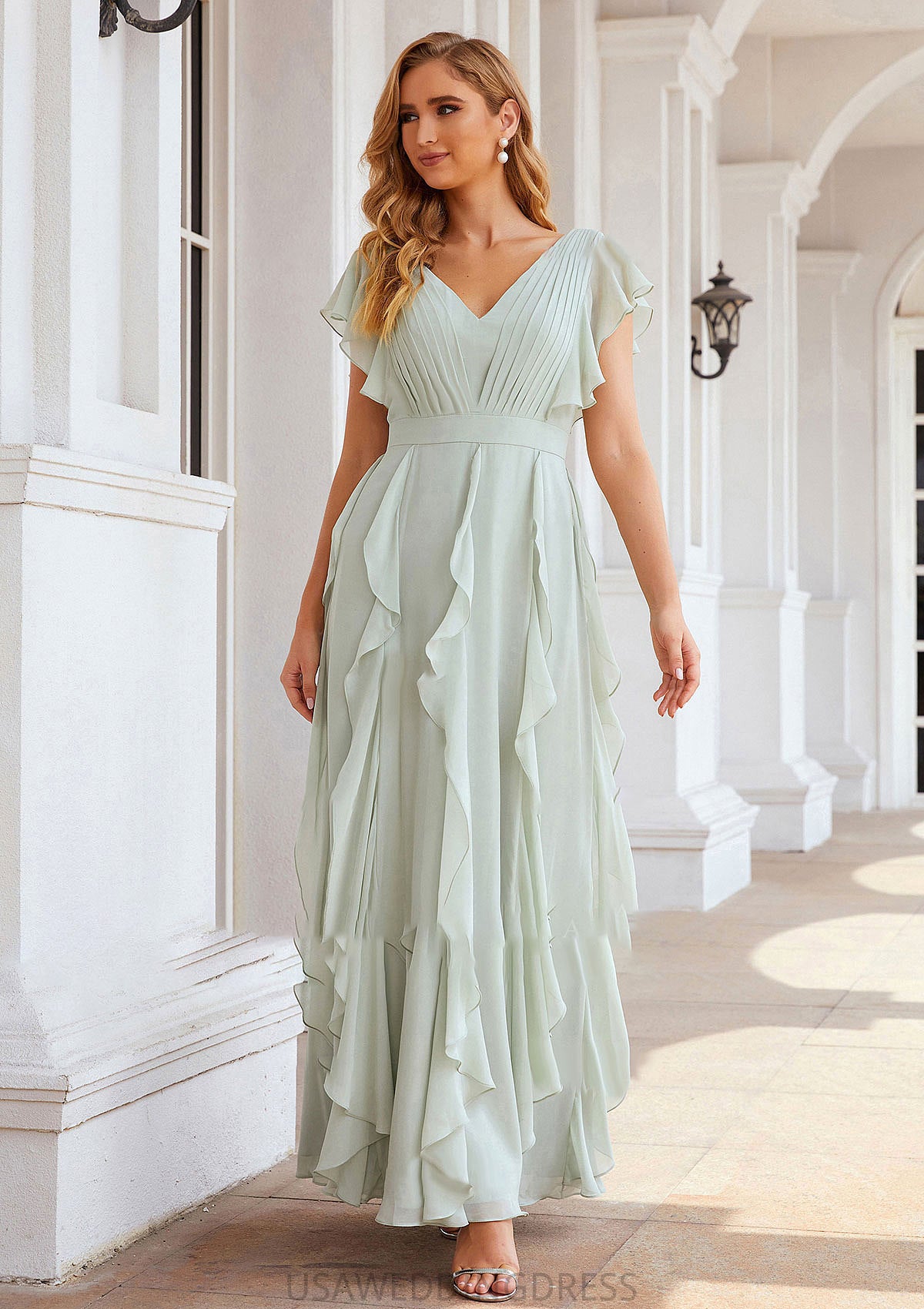 A-line V Neck Short Sleeve Long/Floor-Length Chiffon Bridesmaid Dresses With Pleated Ruffles Jaslene DSP0025316