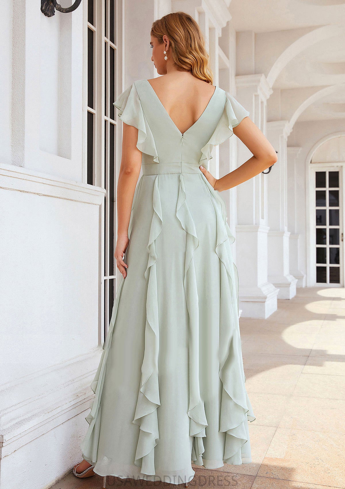 A-line V Neck Short Sleeve Long/Floor-Length Chiffon Bridesmaid Dresses With Pleated Ruffles Jaslene DSP0025316