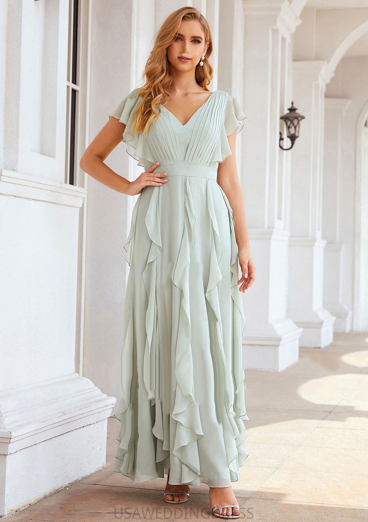 A-line V Neck Short Sleeve Long/Floor-Length Chiffon Bridesmaid Dresses With Pleated Ruffles Jaslene DSP0025316