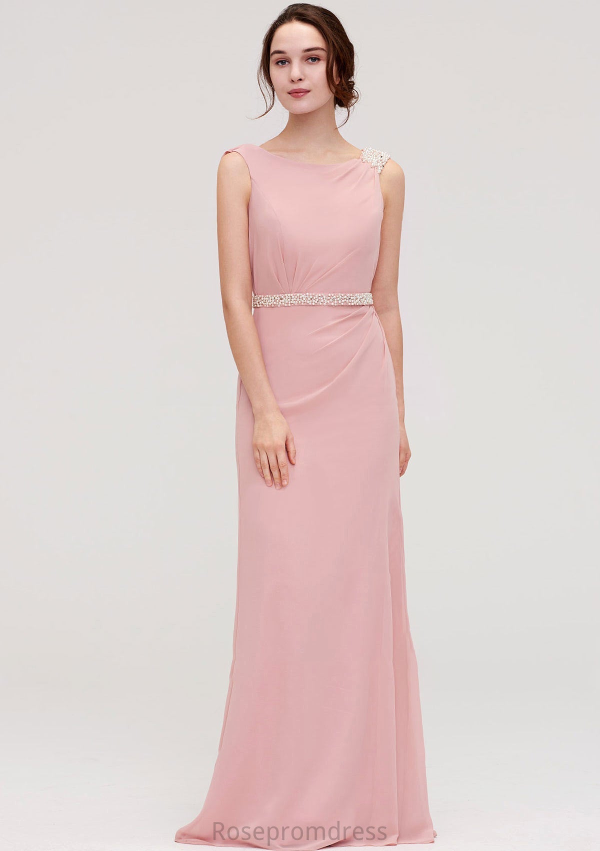 Sleeveless Sheath/Column Long/Floor-Length Chiffon Bridesmaid Dresses With Waistband Beading Kamari SRSP0025317