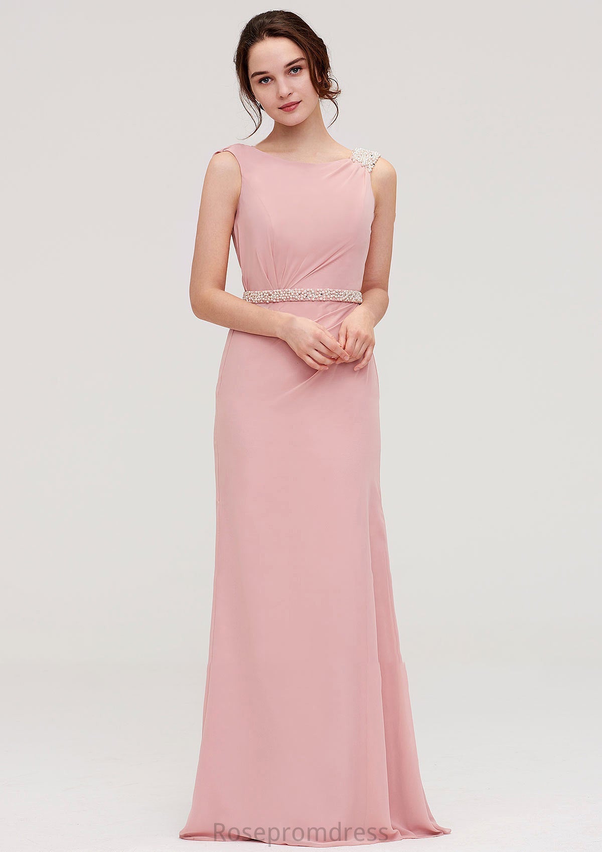 Sleeveless Sheath/Column Long/Floor-Length Chiffon Bridesmaid Dresses With Waistband Beading Kamari SRSP0025317