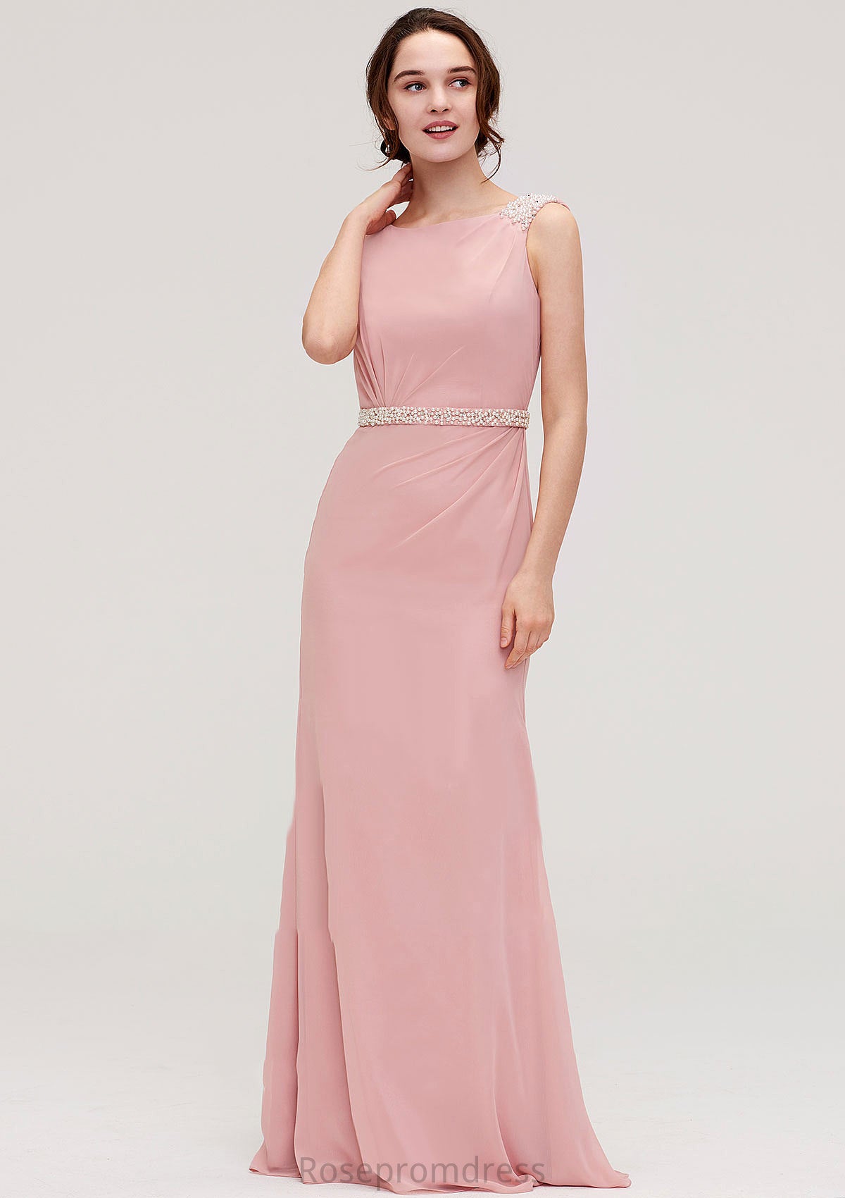 Sleeveless Sheath/Column Long/Floor-Length Chiffon Bridesmaid Dresses With Waistband Beading Kamari SRSP0025317