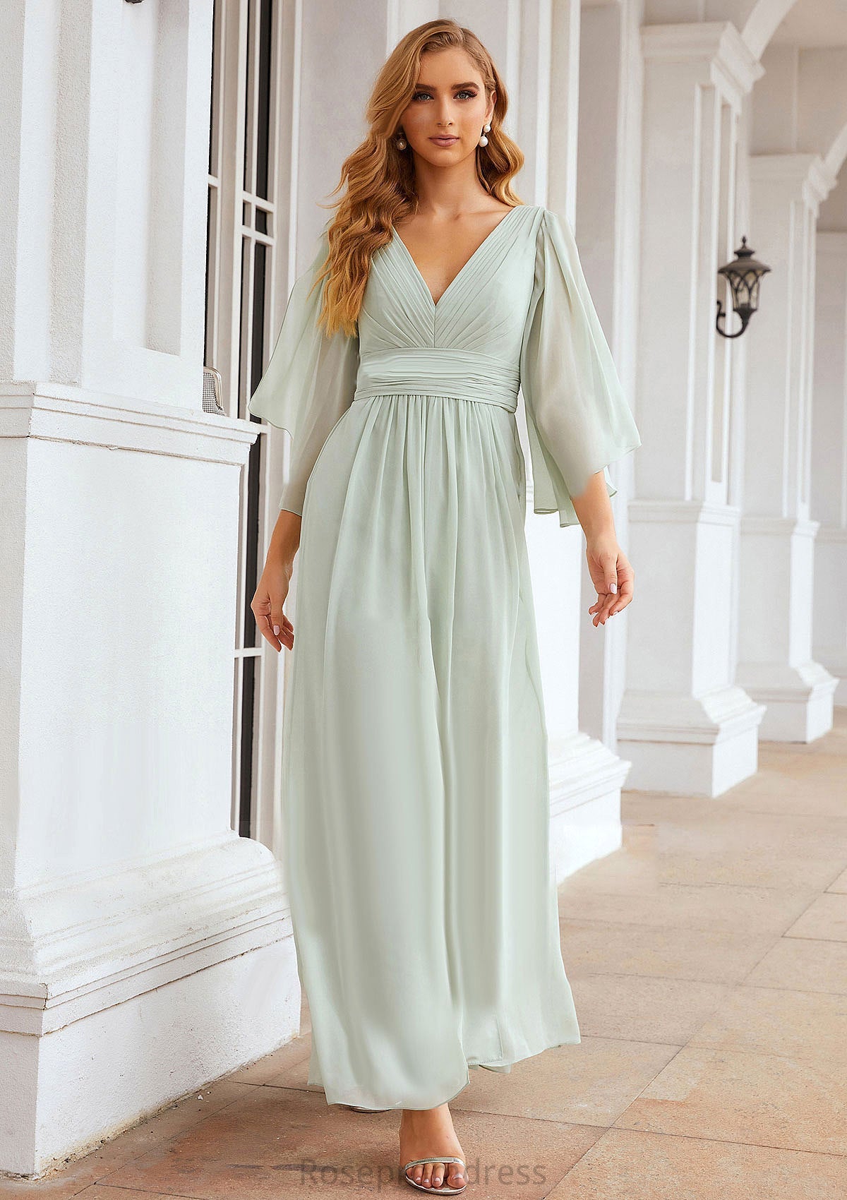 Sheath/Column V Neck 3/4 Sleeve Long/Floor-Length Chiffon Bridesmaid Dresses With Pleated Rowan SRSP0025318