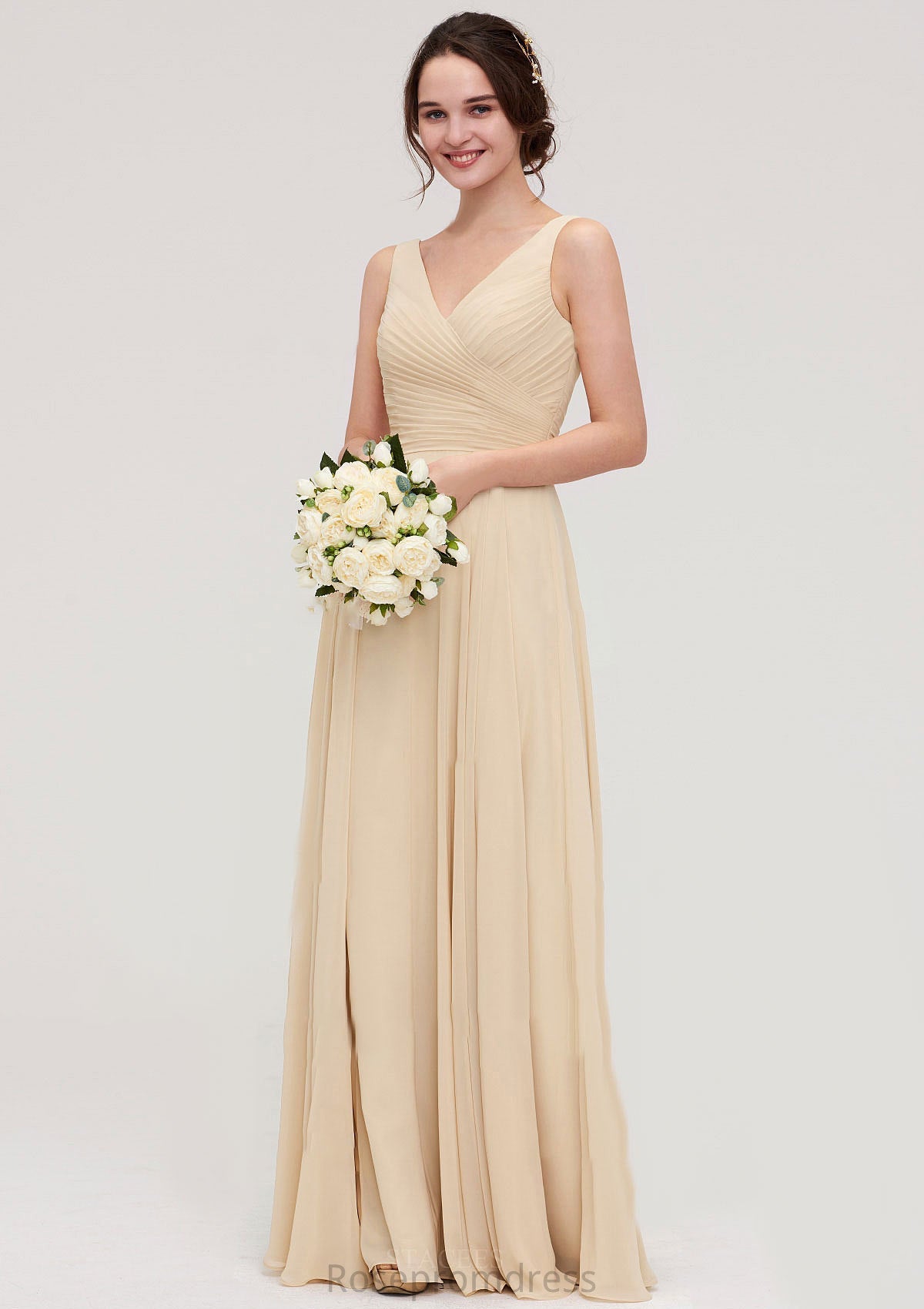 A-line/Princess V Neck Long/Floor-Length A-line/Princess Chiffon Bridesmaid Dresses With Sashes Pleated Rita SRSP0025322