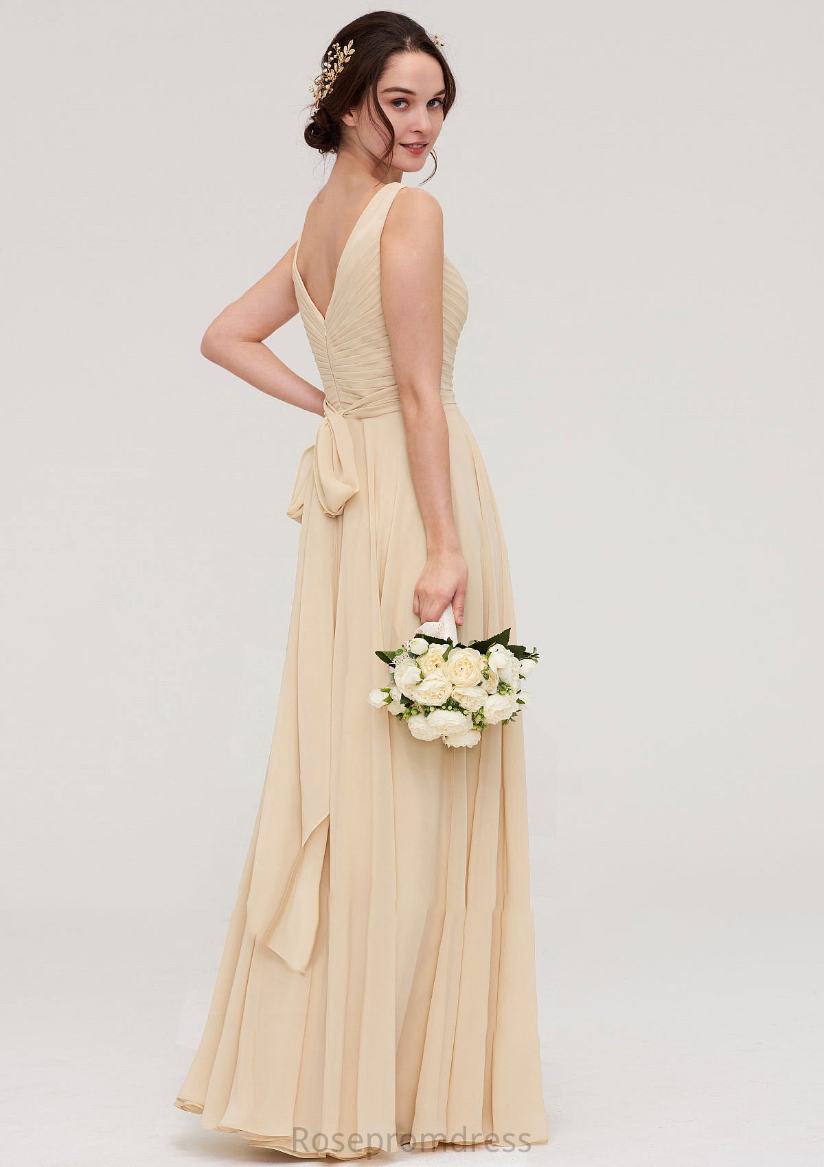 A-line/Princess V Neck Long/Floor-Length A-line/Princess Chiffon Bridesmaid Dresses With Sashes Pleated Rita SRSP0025322