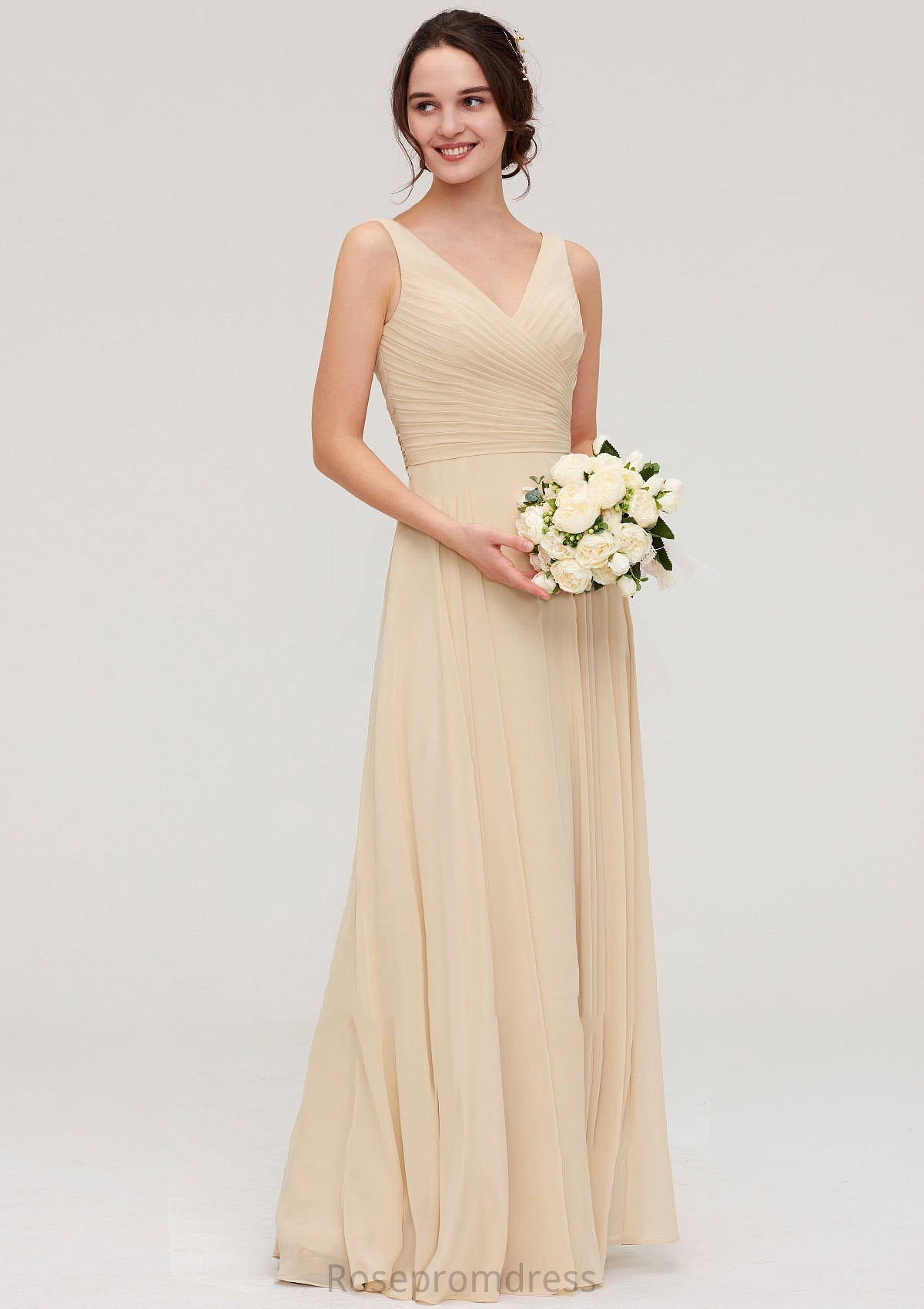 A-line/Princess V Neck Long/Floor-Length A-line/Princess Chiffon Bridesmaid Dresses With Sashes Pleated Rita SRSP0025322