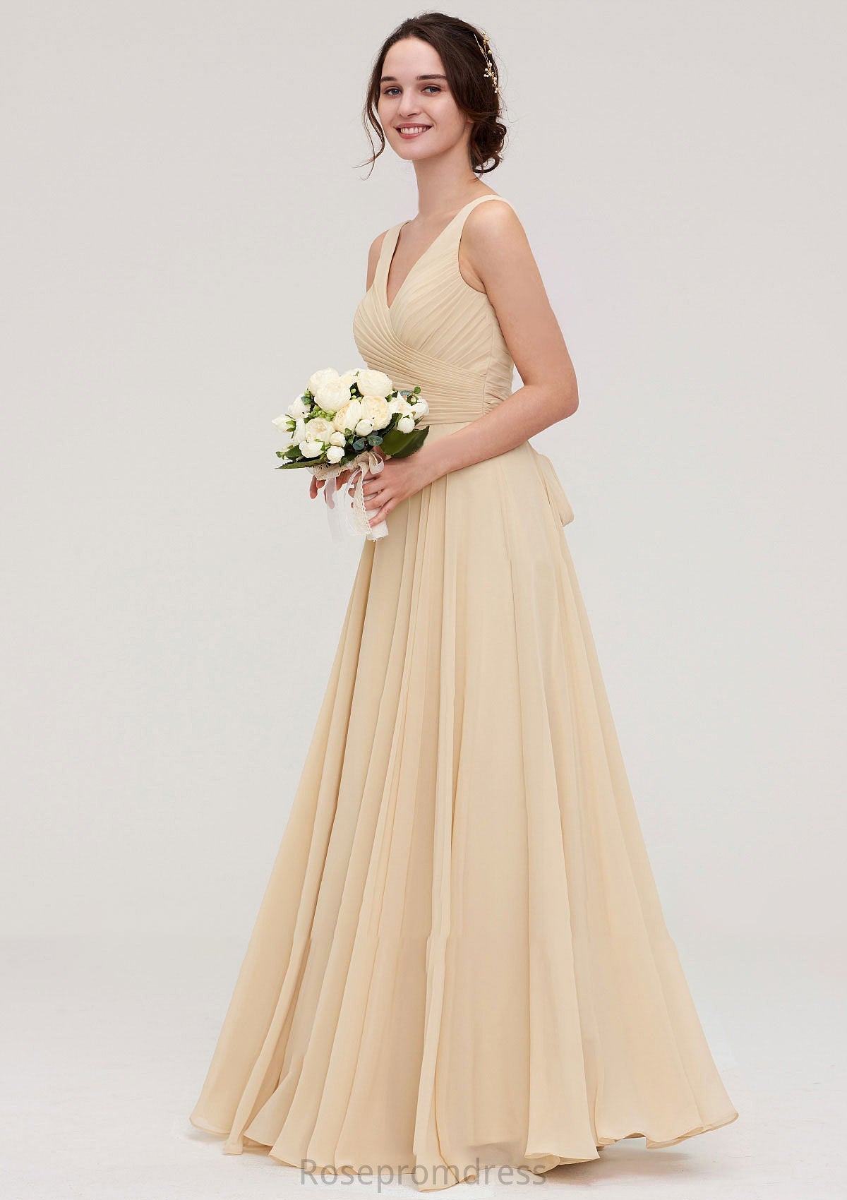 A-line/Princess V Neck Long/Floor-Length A-line/Princess Chiffon Bridesmaid Dresses With Sashes Pleated Rita SRSP0025322