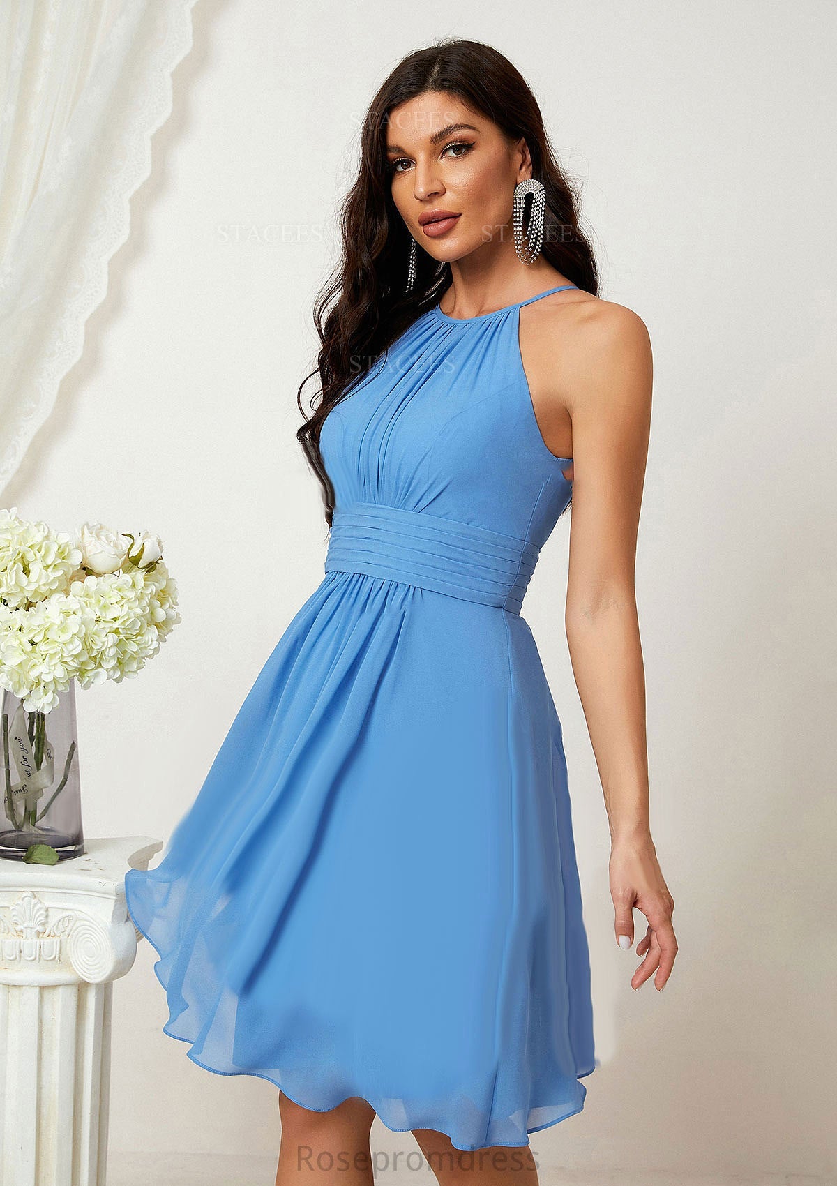 A-line Halter Sleeveless Knee-Length Chiffon Bridesmaid Dresses With Pleated    Joslyn SRSP0025324