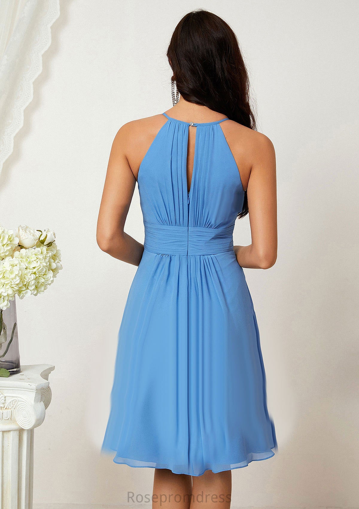 A-line Halter Sleeveless Knee-Length Chiffon Bridesmaid Dresses With Pleated    Joslyn SRSP0025324