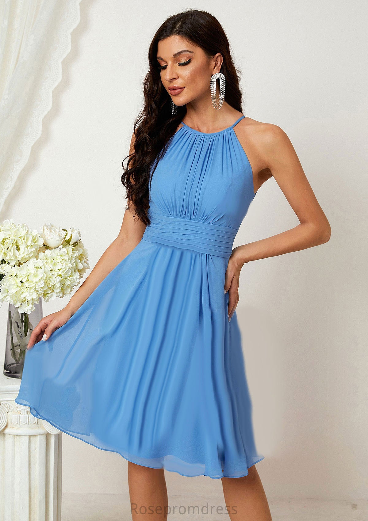 A-line Halter Sleeveless Knee-Length Chiffon Bridesmaid Dresses With Pleated    Joslyn SRSP0025324