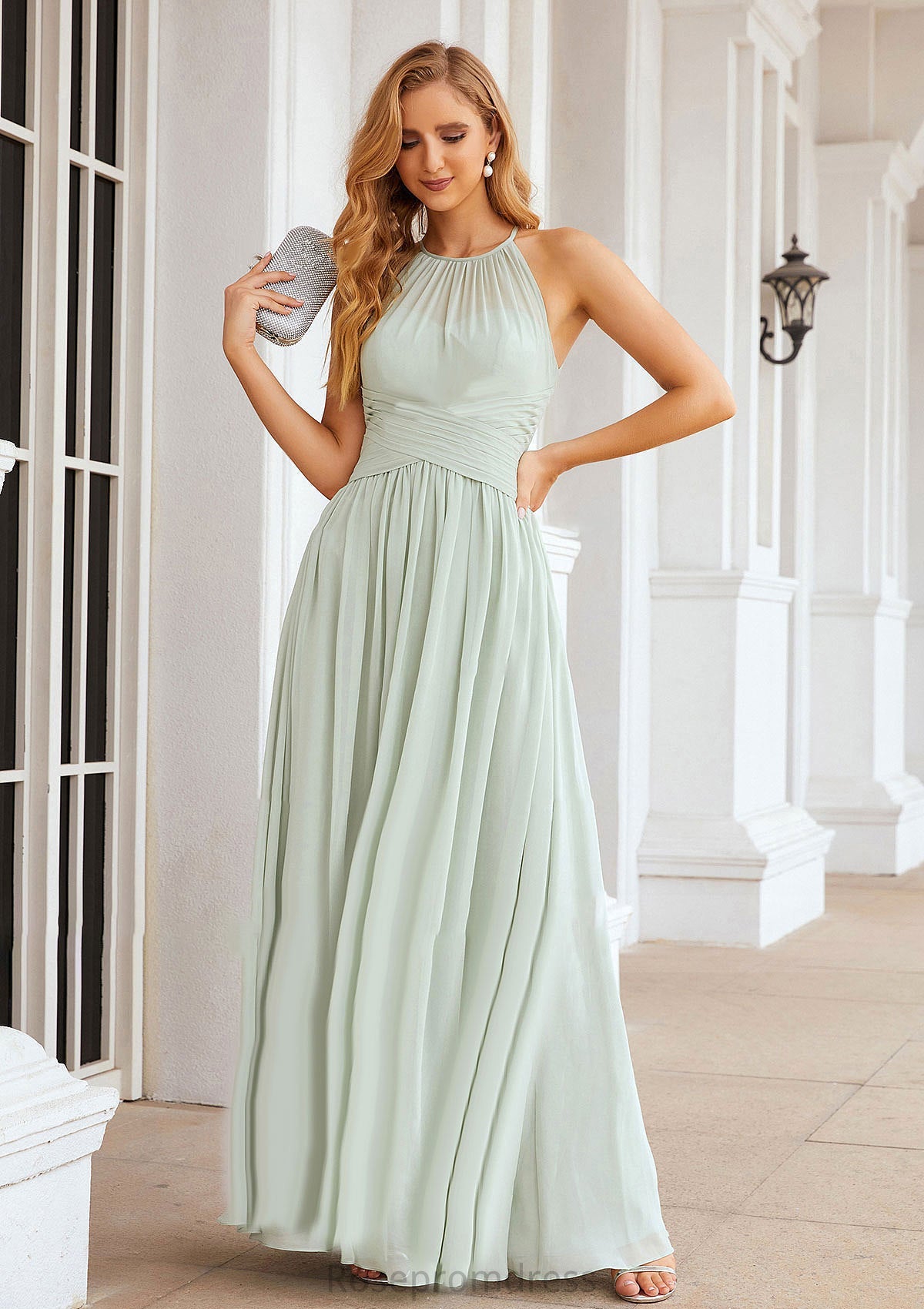 A-line Halter Sleeveless Long/Floor-Length Chiffon Bridesmaid Dresses With Pleated Tania SRSP0025325