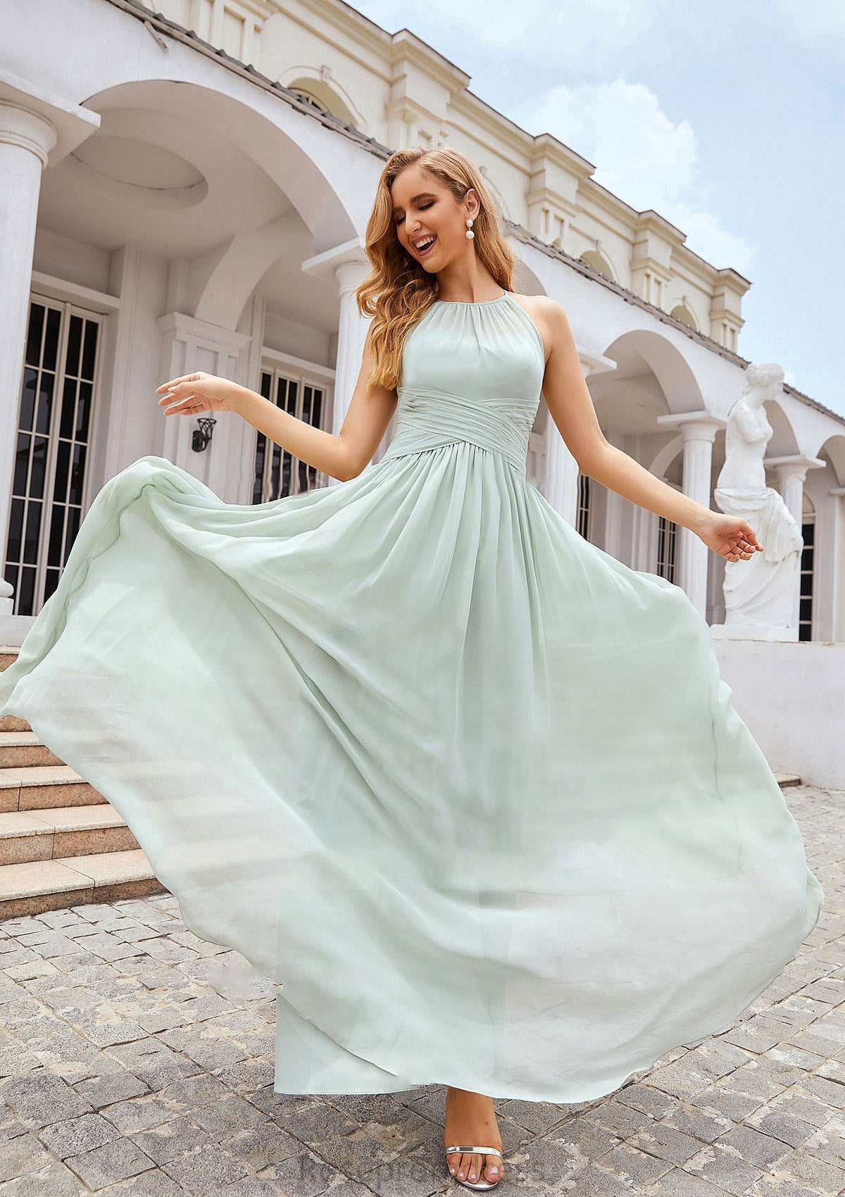 A-line Halter Sleeveless Long/Floor-Length Chiffon Bridesmaid Dresses With Pleated Tania SRSP0025325