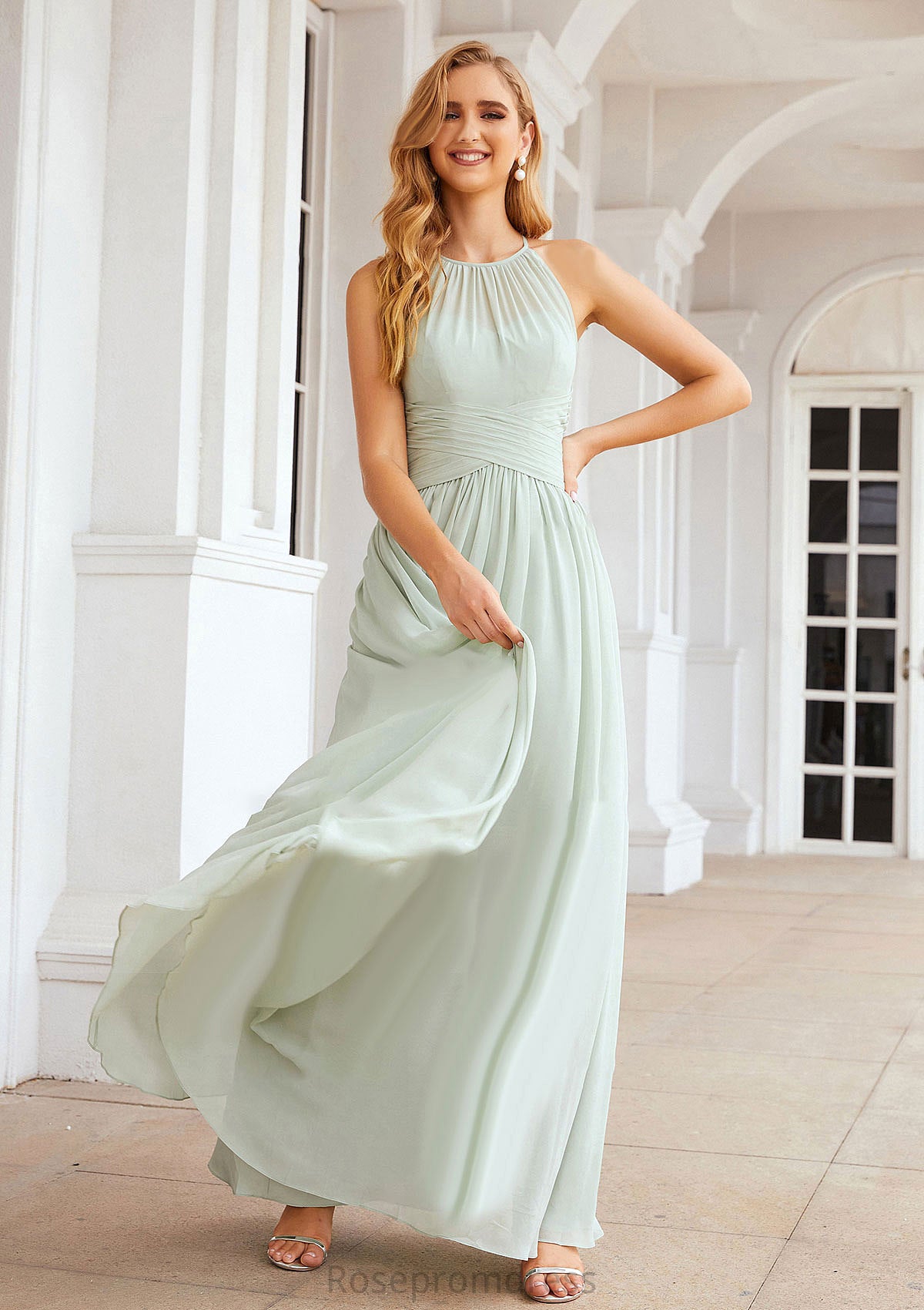 A-line Halter Sleeveless Long/Floor-Length Chiffon Bridesmaid Dresses With Pleated Tania SRSP0025325