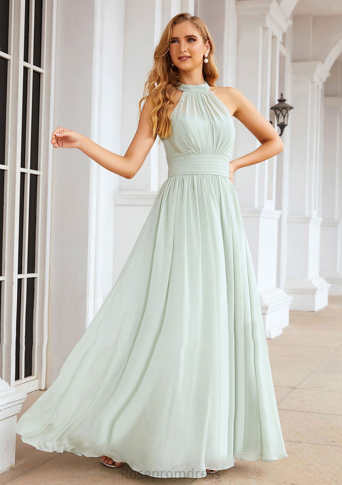 A-line High-Neck Sleeveless Long/Floor-Length Chiffon Bridesmaid Dresses With Pleated Marian SRSP0025326