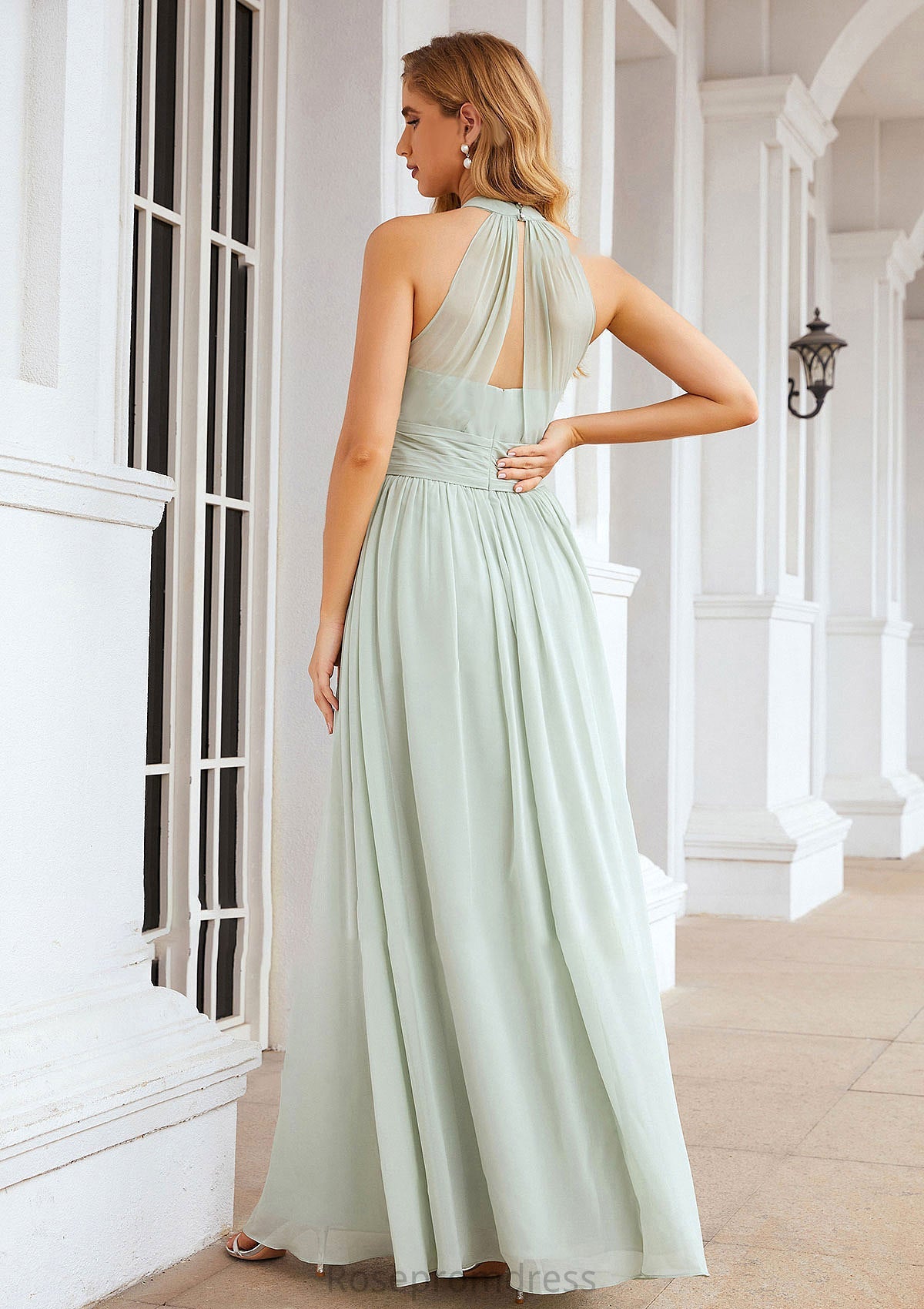 A-line High-Neck Sleeveless Long/Floor-Length Chiffon Bridesmaid Dresses With Pleated Marian SRSP0025326