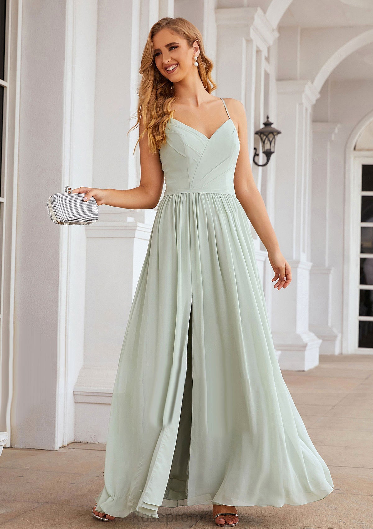 A-line V Neck Sleeveless Long/Floor-Length Chiffon Bridesmaid Dresses With Pleated Split Joslyn SRSP0025327