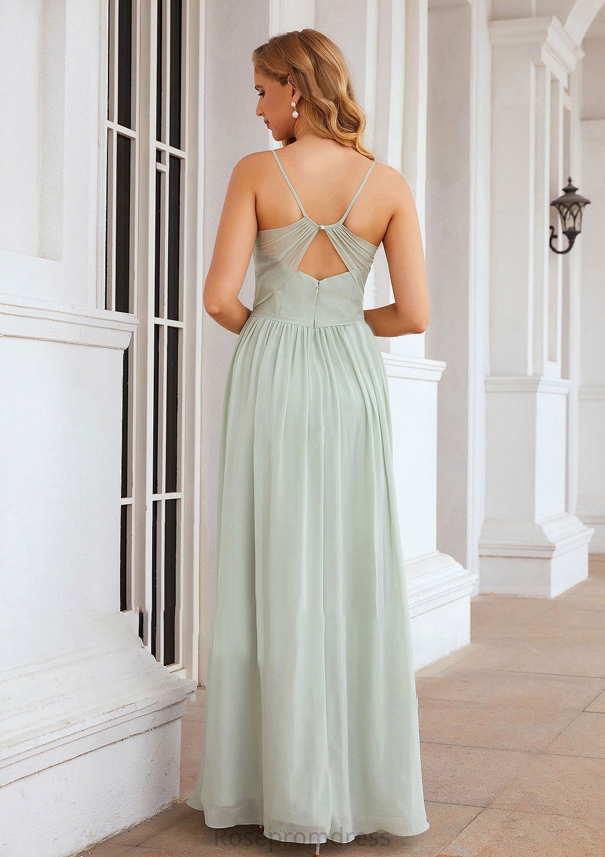 A-line V Neck Sleeveless Long/Floor-Length Chiffon Bridesmaid Dresses With Pleated Split Joslyn SRSP0025327